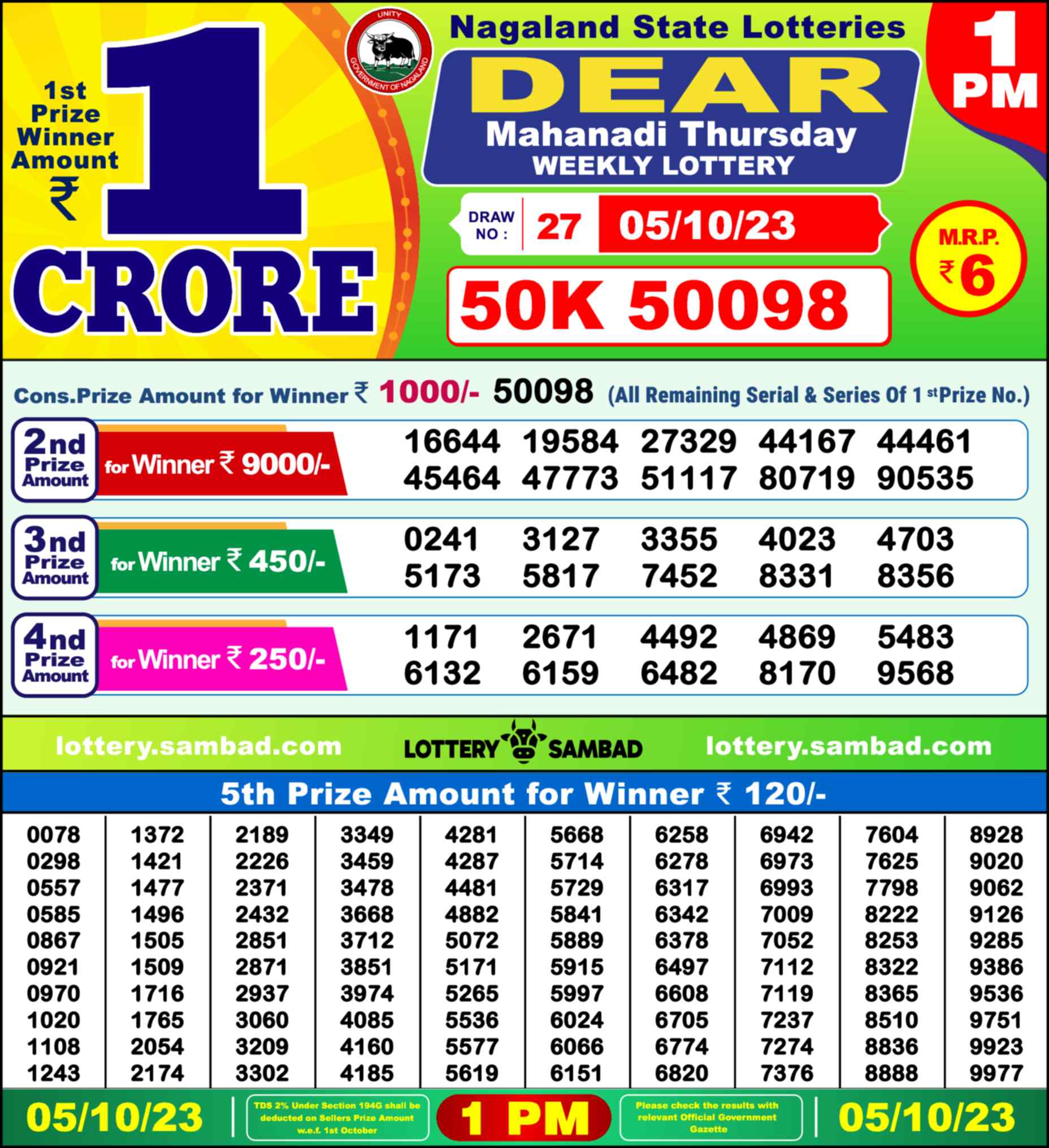 Lottery Sambad 05.10.23 Dear Lottery 1 PM October 05, 2023