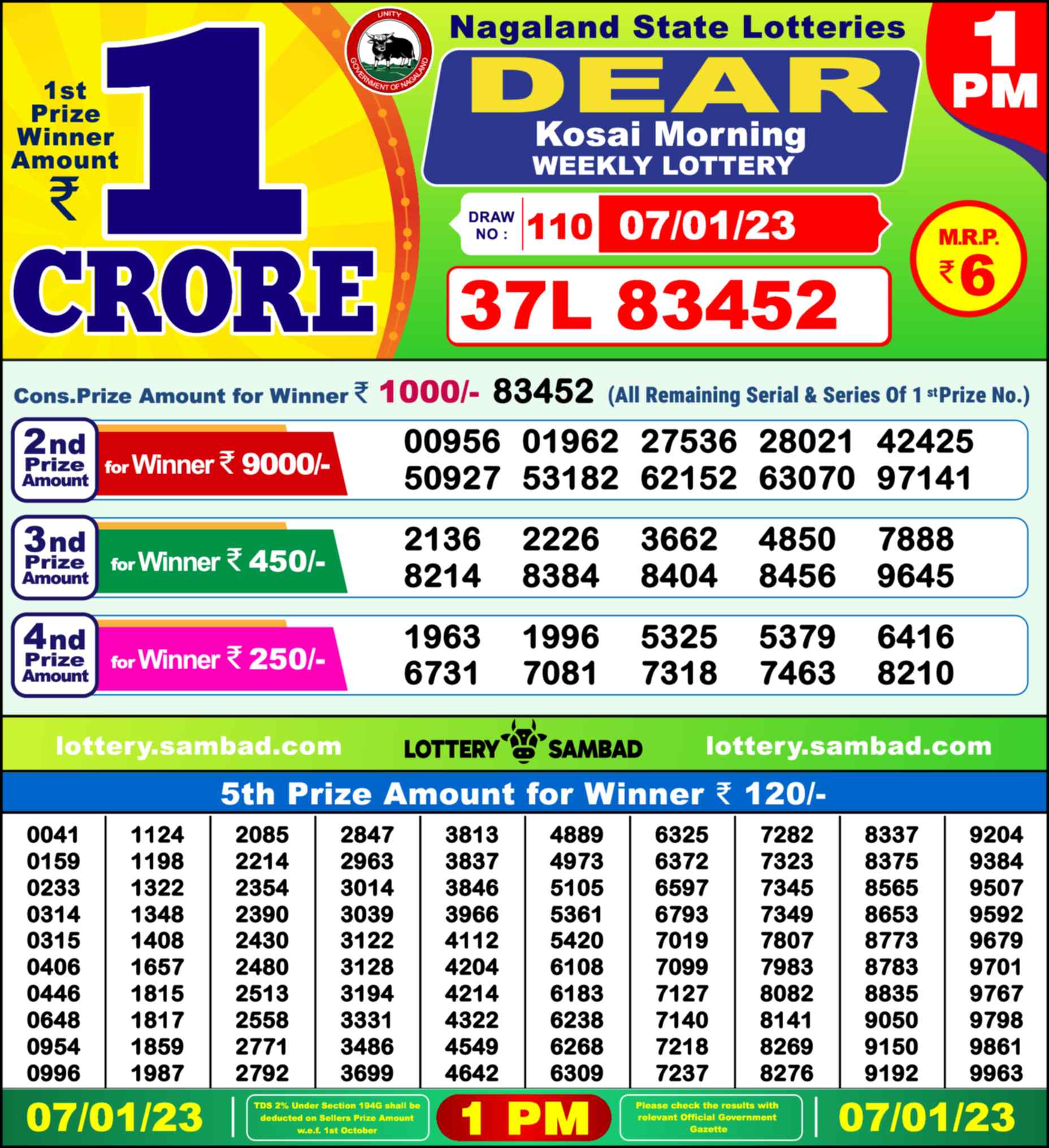 Lottery Sambad 07.01.23 Dear Lottery 1 PM January 07, 2023