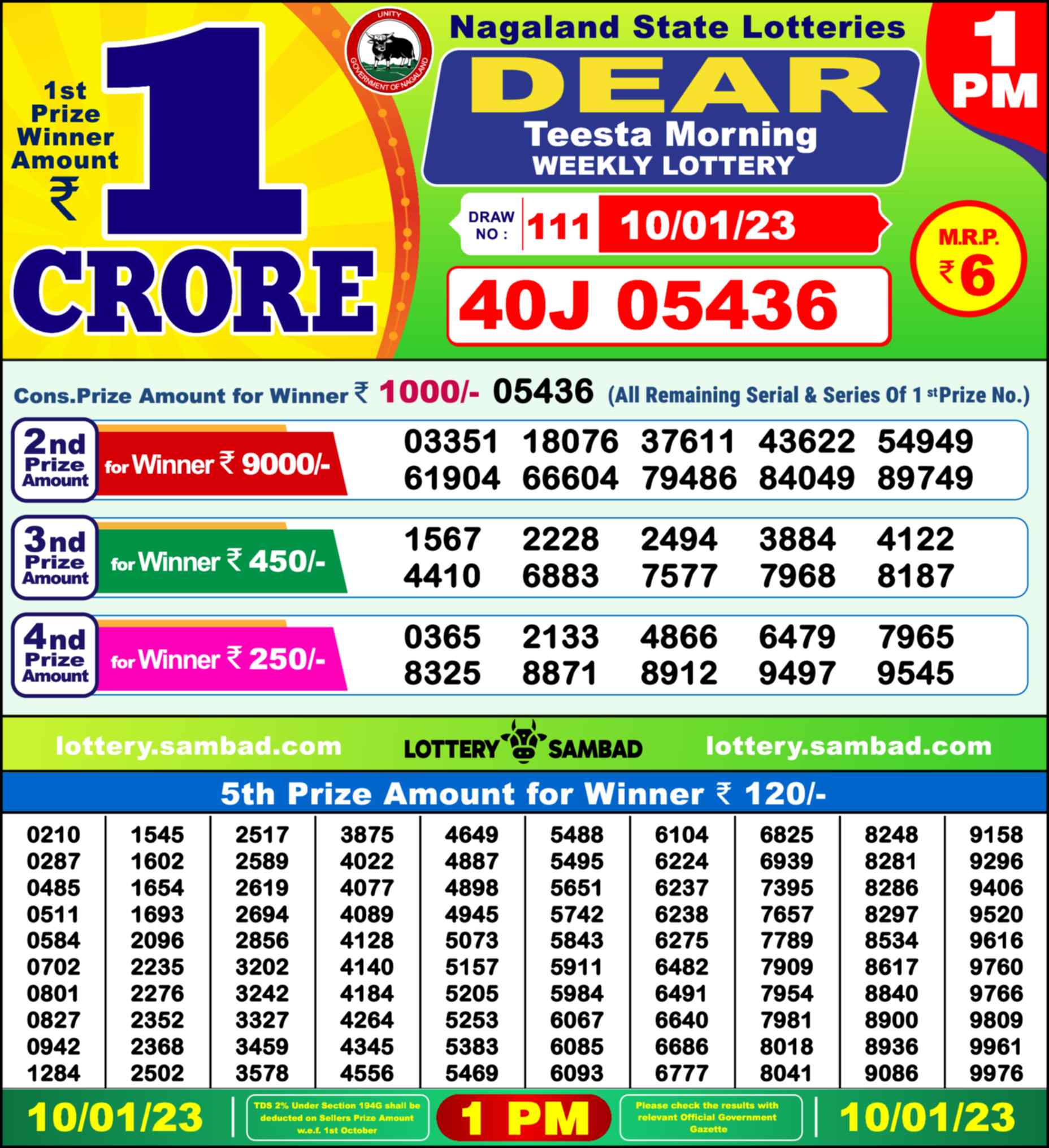 Lottery Sambad 10.01.23 Dear Lottery 1 PM January 10, 2023