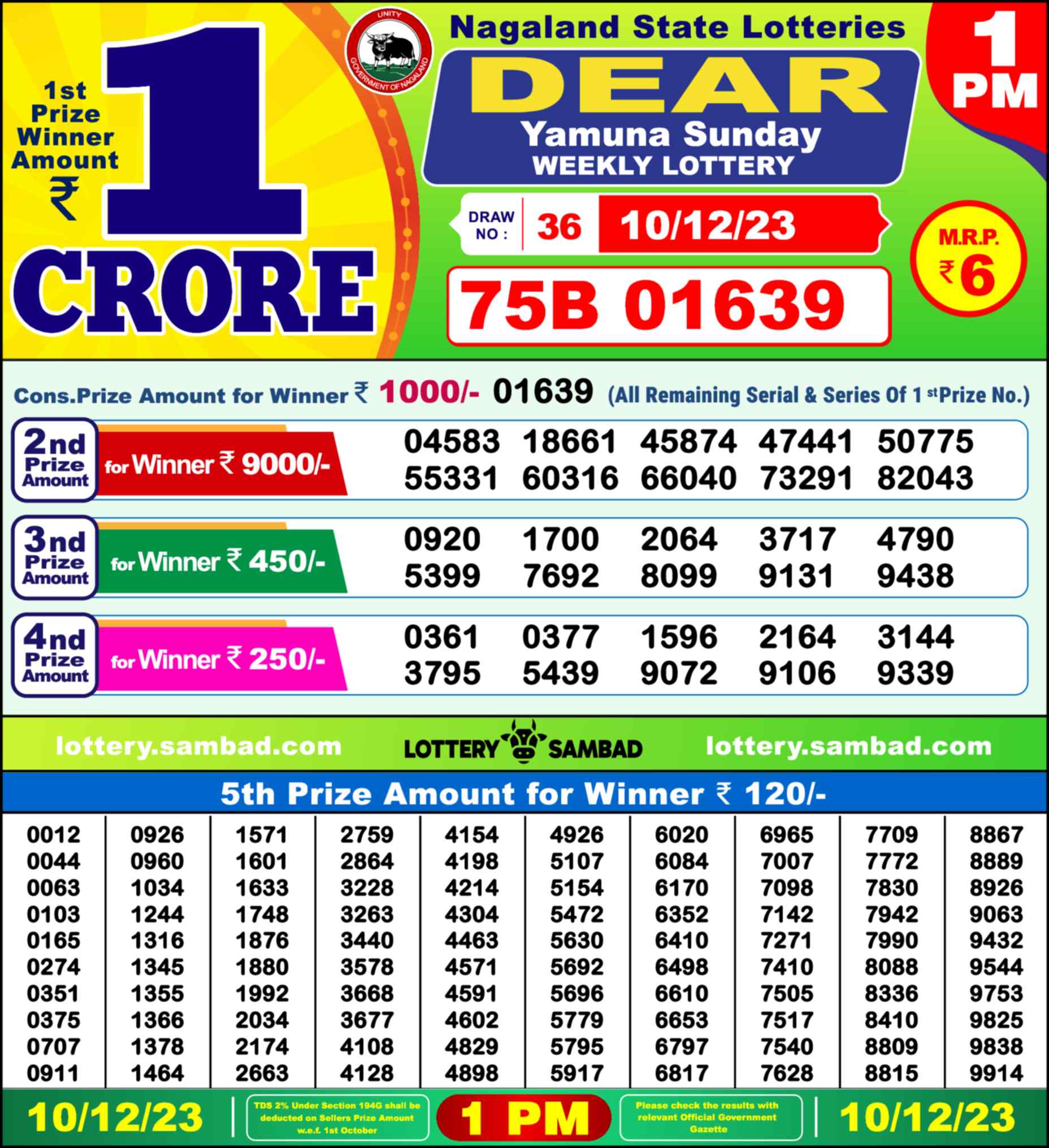 Lottery Sambad 10.12.23 Dear Lottery 1 PM December 10, 2023