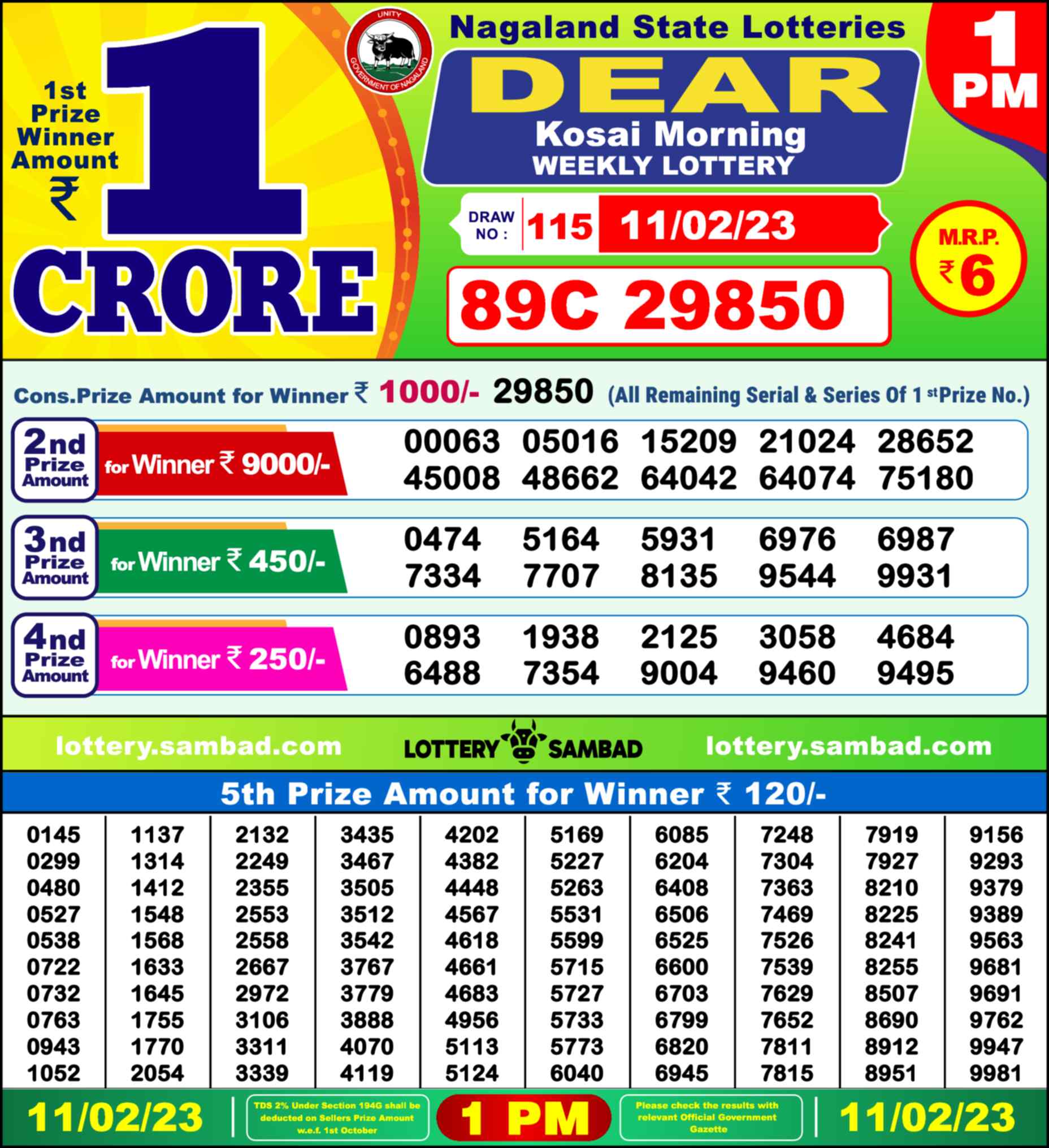 Lottery Sambad 11.02.23 Dear Lottery 1 PM February 11, 2023