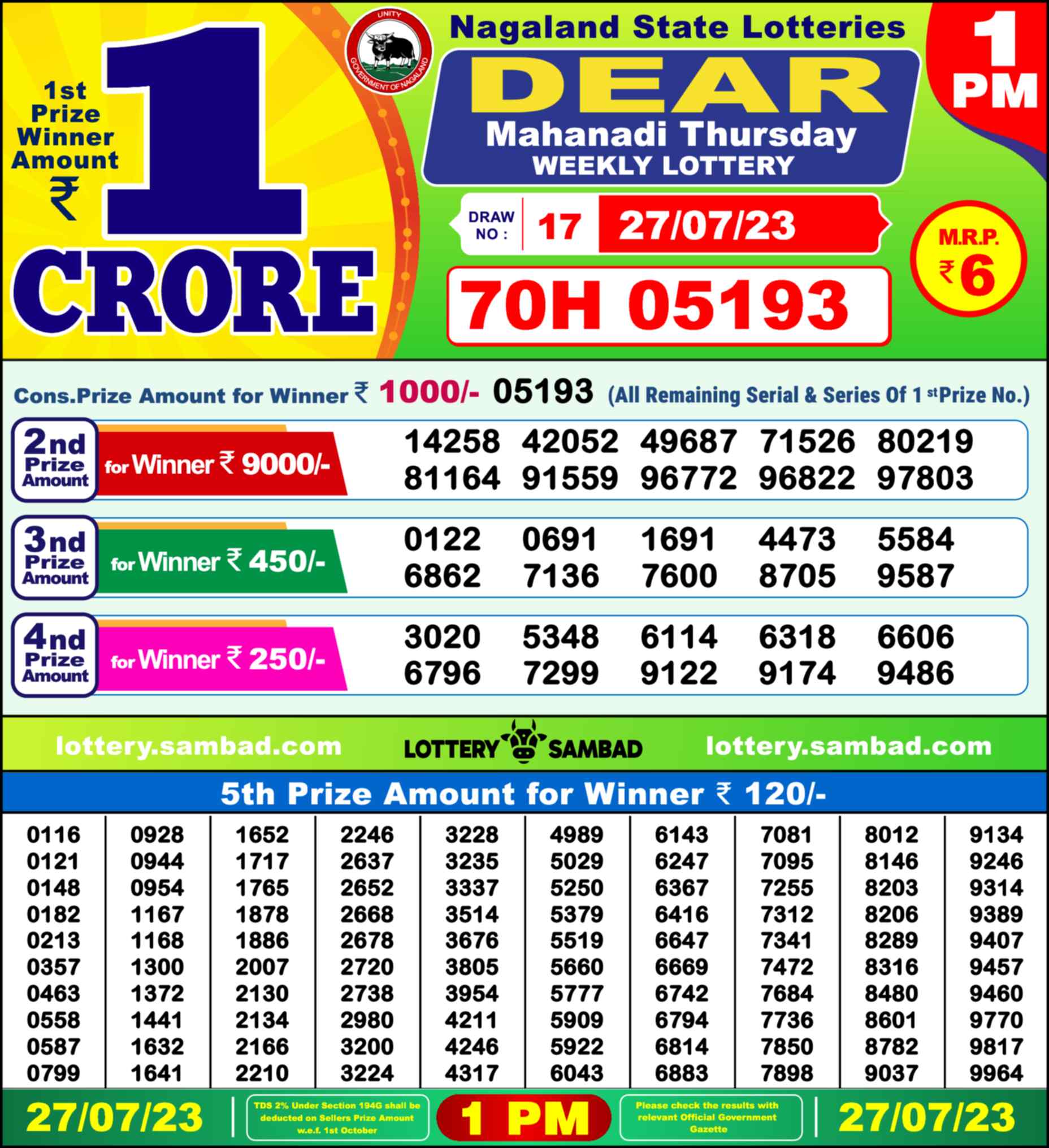 Lottery Sambad 27.07.23 Dear Lottery 1 PM July 27, 2023