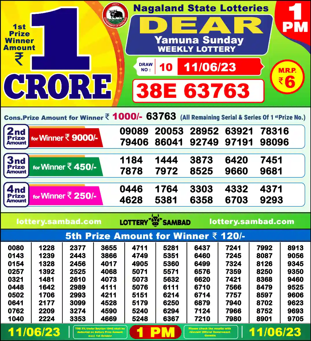 Lottery Sambad 11.06.23 Dear Lottery 1 PM June 11, 2023