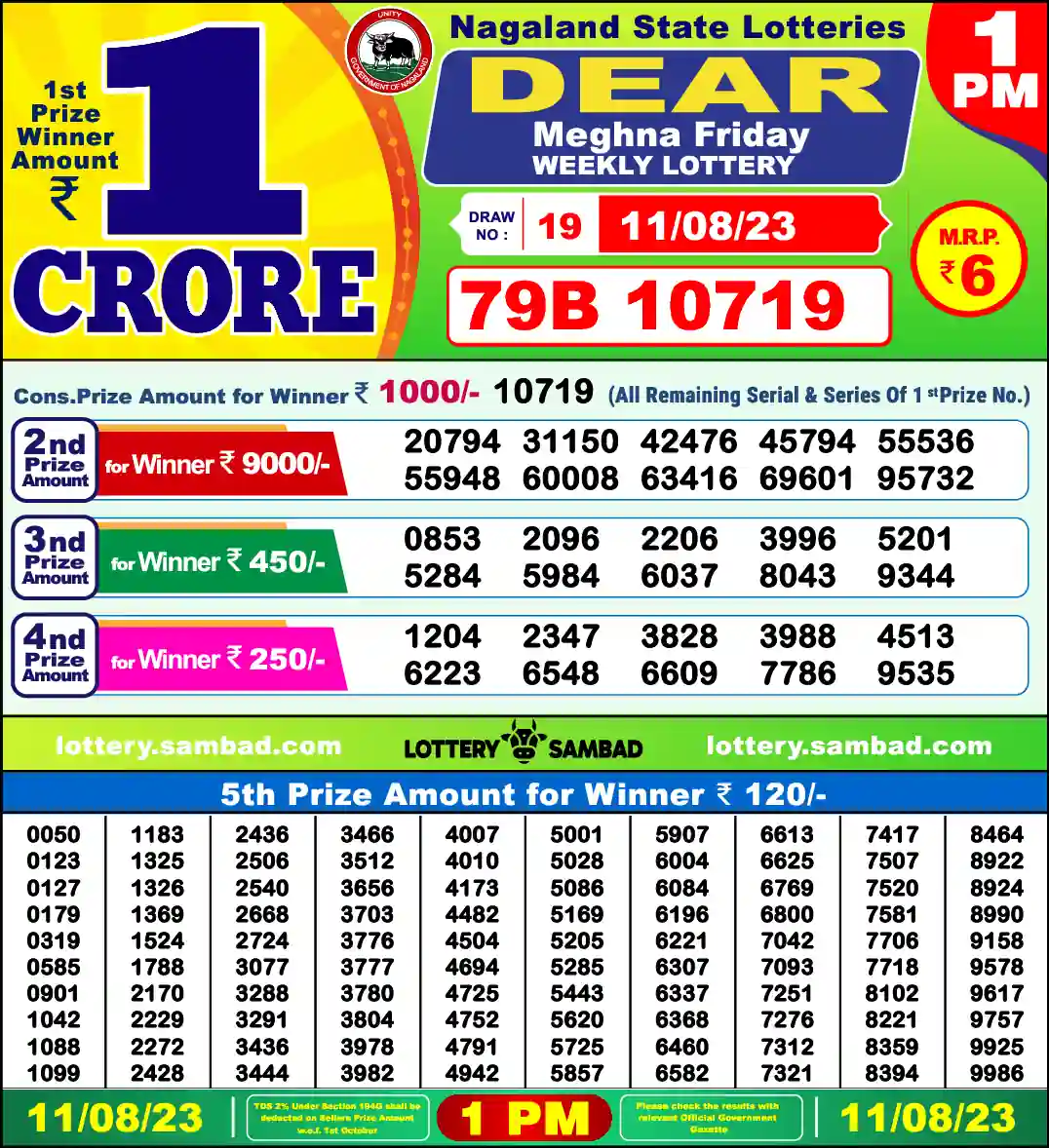 Lottery Sambad 11.08.23 Dear Lottery 1 PM August 11, 2023