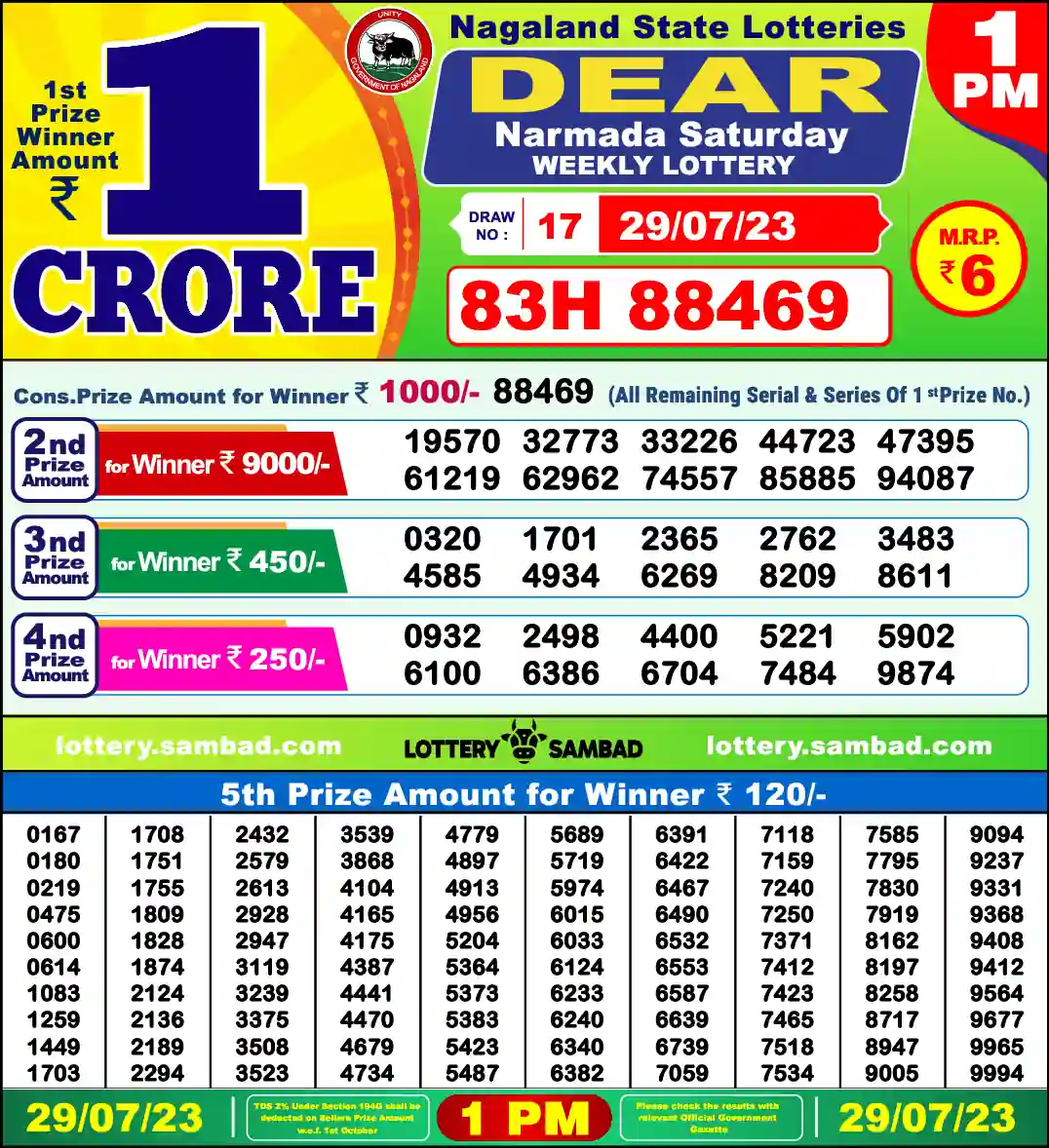Lottery Sambad 29.07.23 Dear Lottery 1 PM July 29, 2023