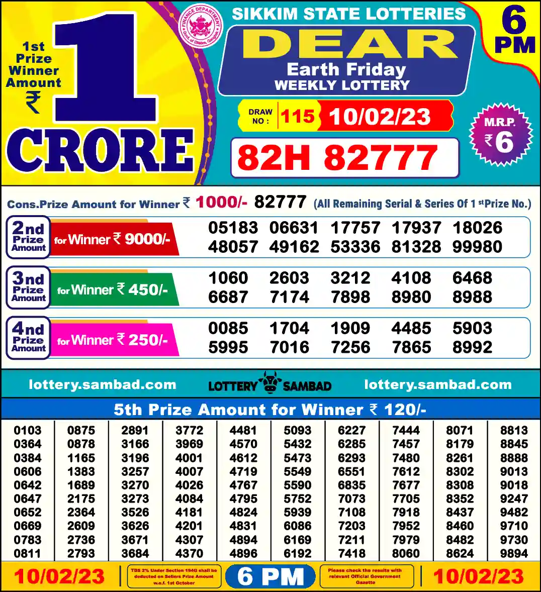 Lottery Sambad 10.02.23 Dear Lottery 6 PM February 10, 2023