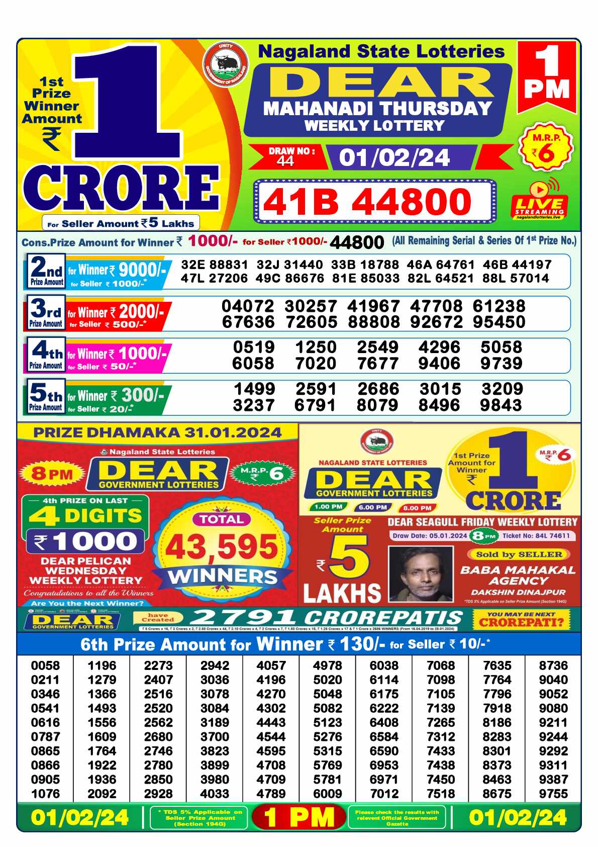 Lottery Sambad 01.02.24 Dear Lottery 1 PM February 01, 2024