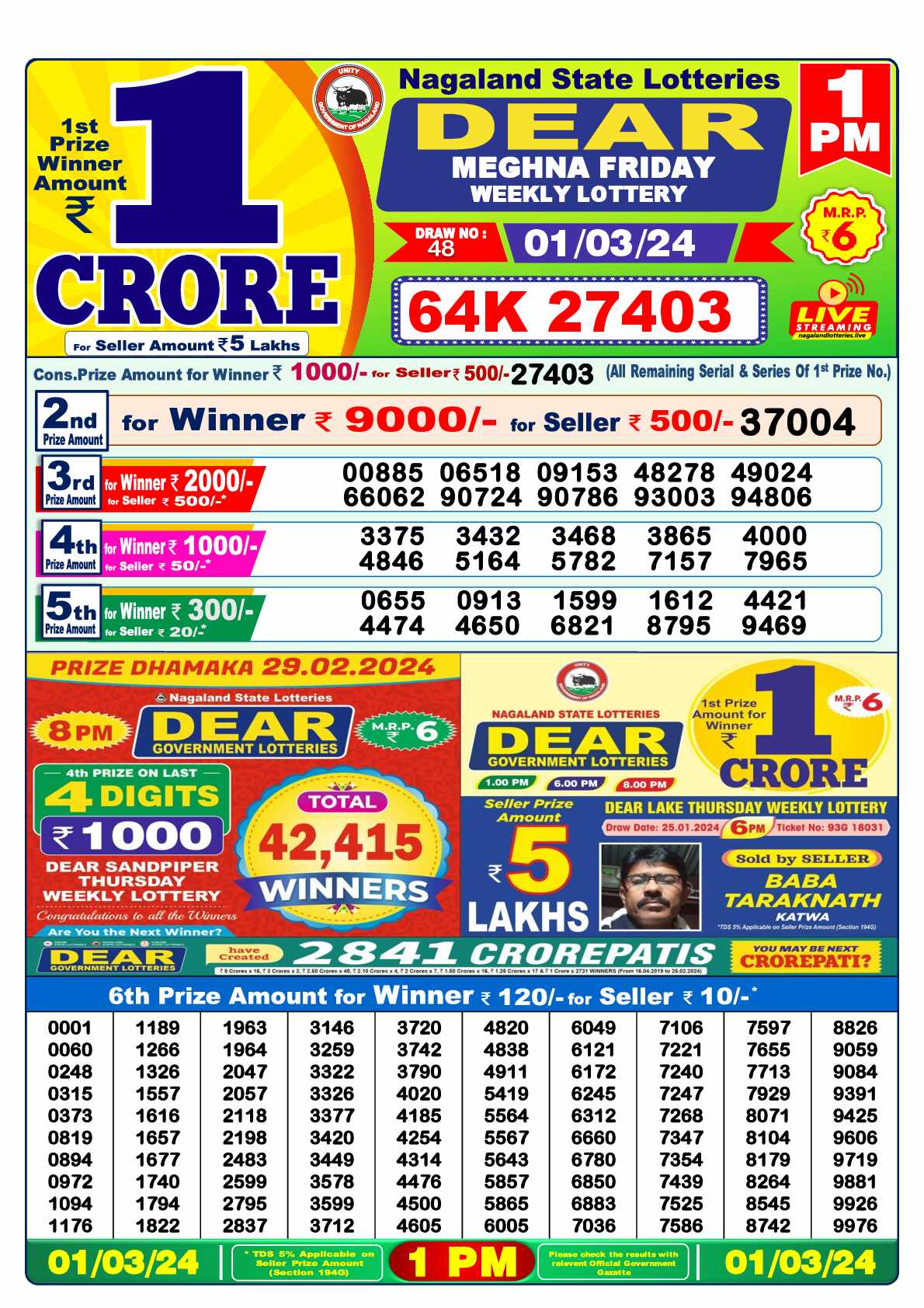 Lottery Sambad 01.03.24 Dear Lottery 1 PM March 01, 2024