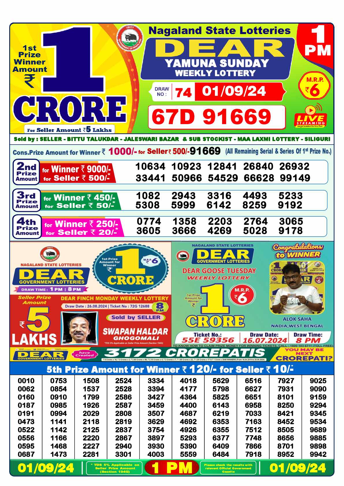 Lottery Sambad 01.09.24 Dear Lottery 1 PM September 01, 2024