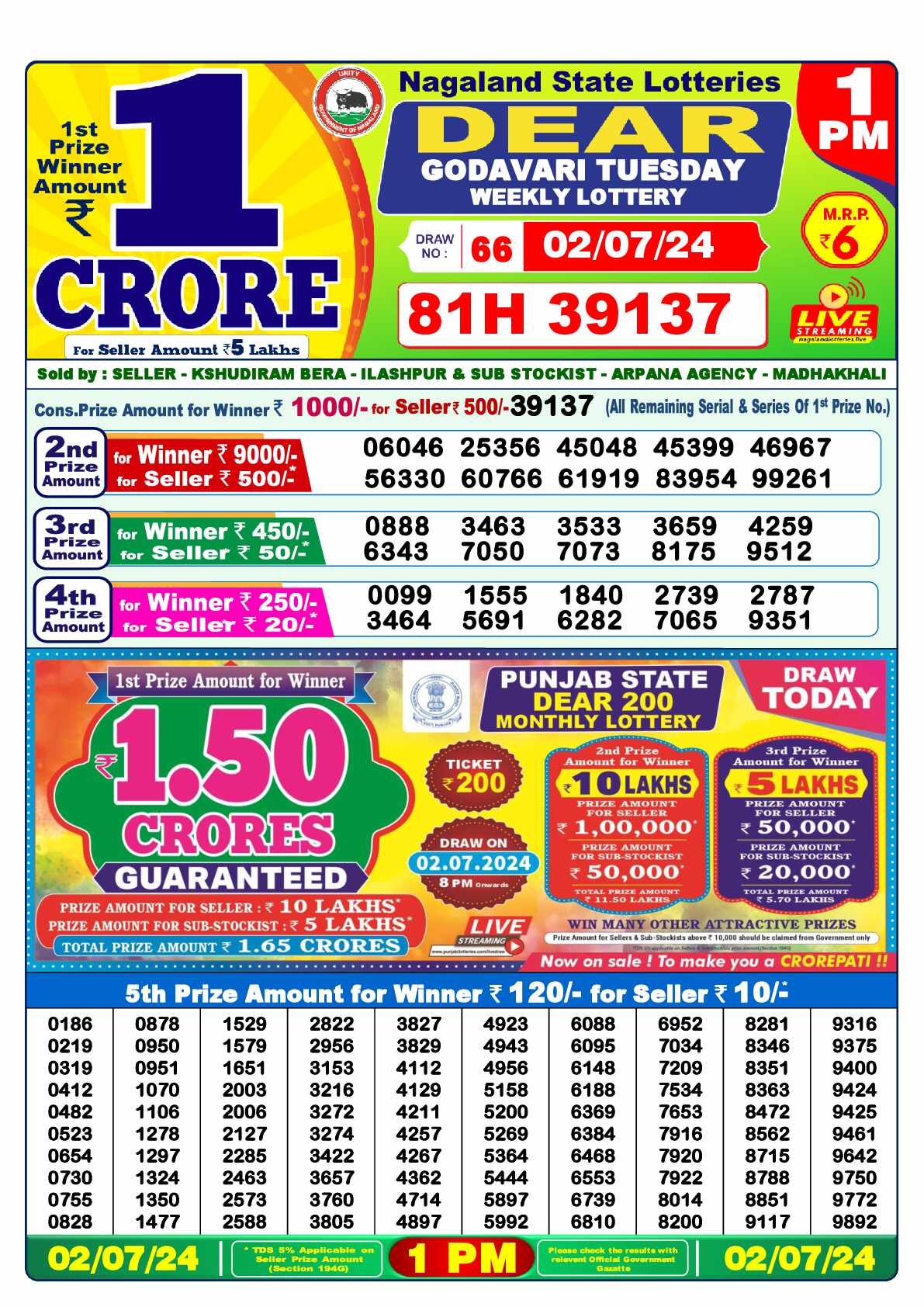 Lottery Sambad 02.07.24 Dear Lottery 1 PM July 02, 2024