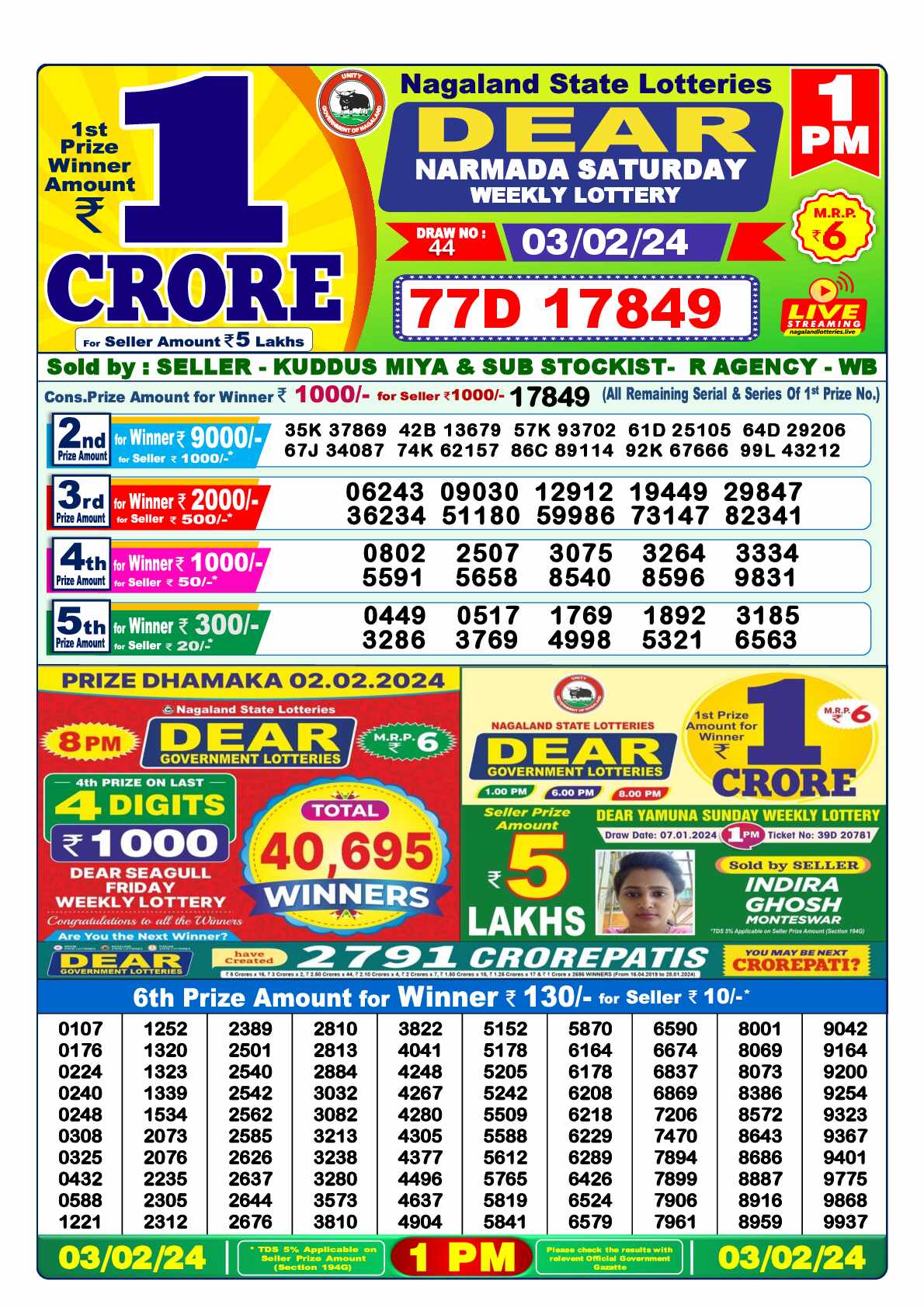 Lottery Sambad 03.02.24 Dear Lottery 1 PM February 03, 2024