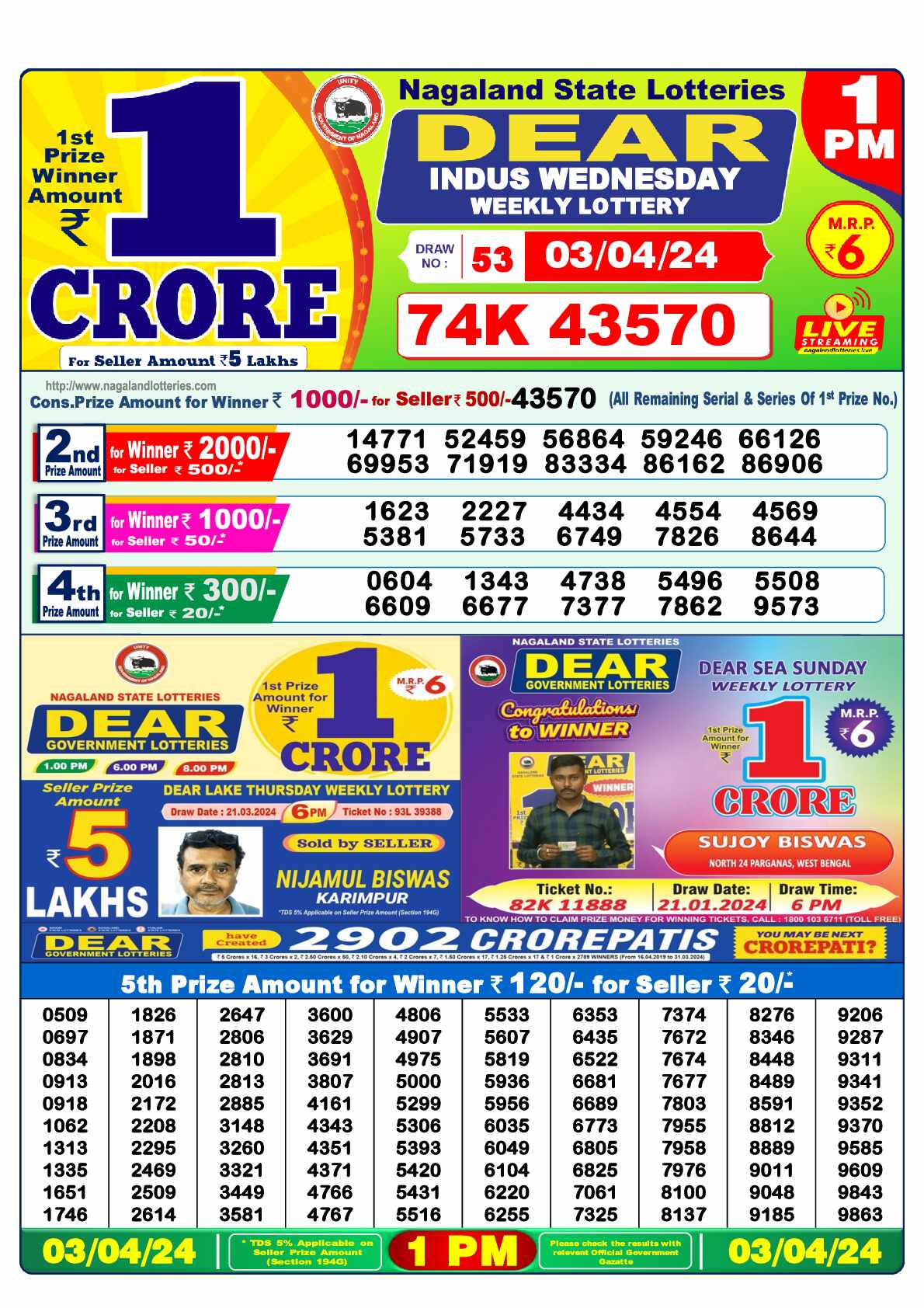 Lottery Sambad 03.04.24 Dear Lottery 1 PM April 03, 2024