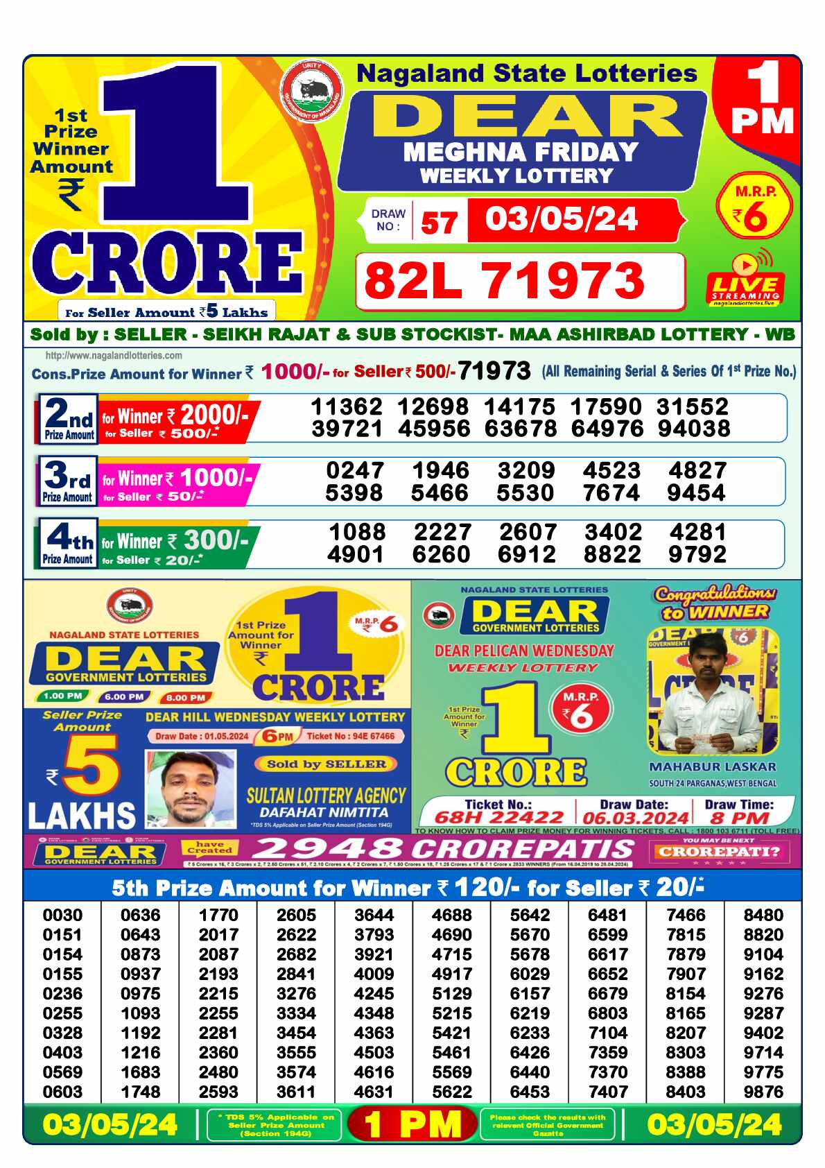 Lottery Sambad 03.05.24 Dear Lottery 1 PM May 03, 2024