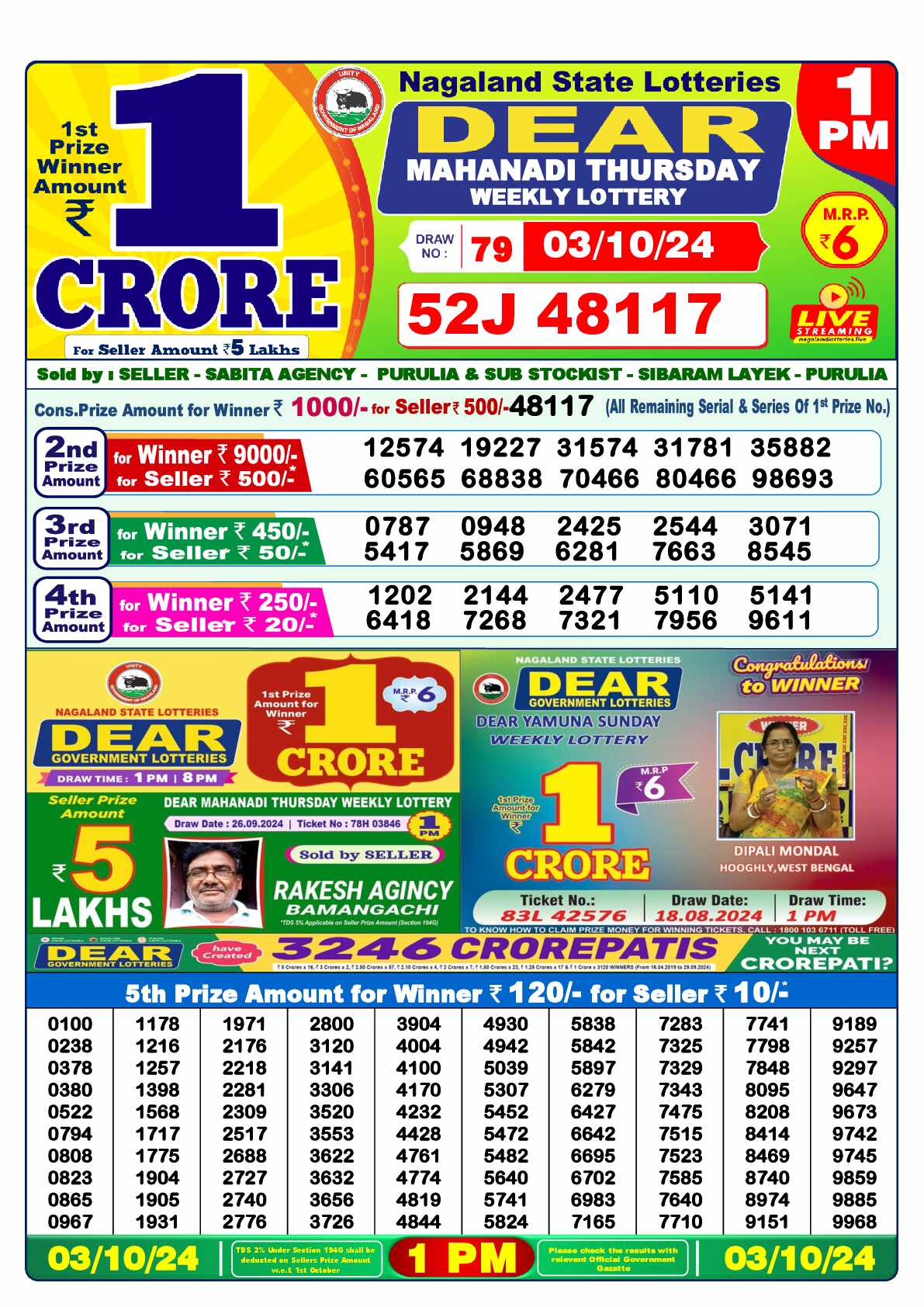 Lottery Sambad 03.10.24 Dear Lottery 1 PM October 03, 2024