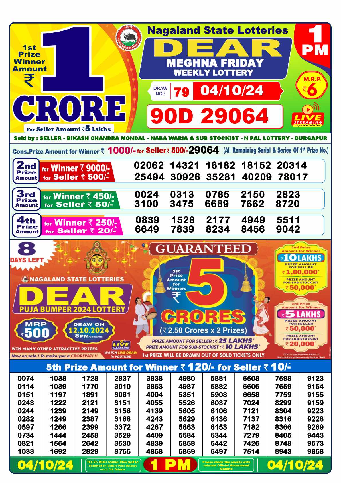 Lottery Sambad 04.10.24 Dear Lottery 1 PM October 04, 2024