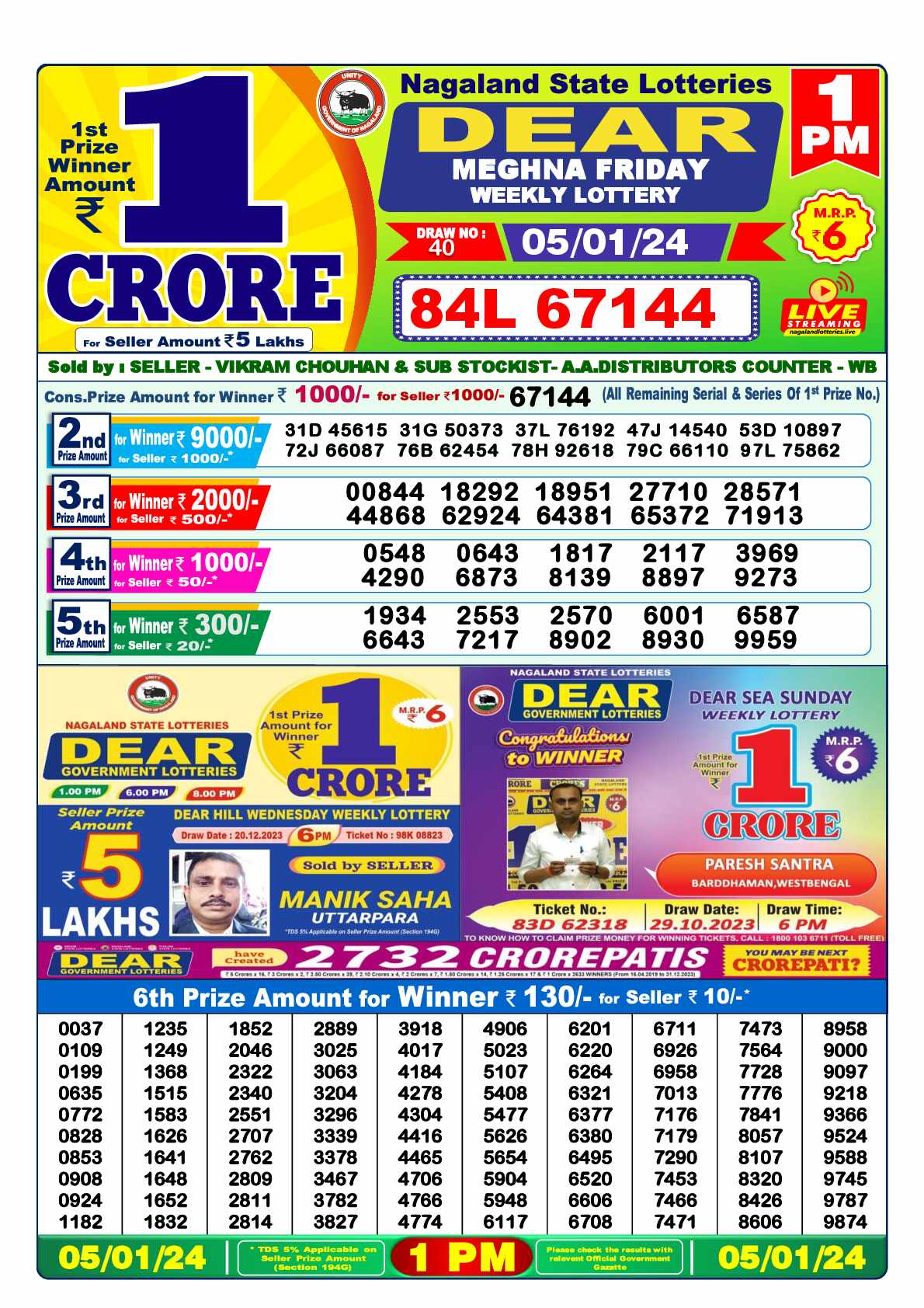 Lottery Sambad 05.01.24 Dear Lottery 1 PM January 05, 2024