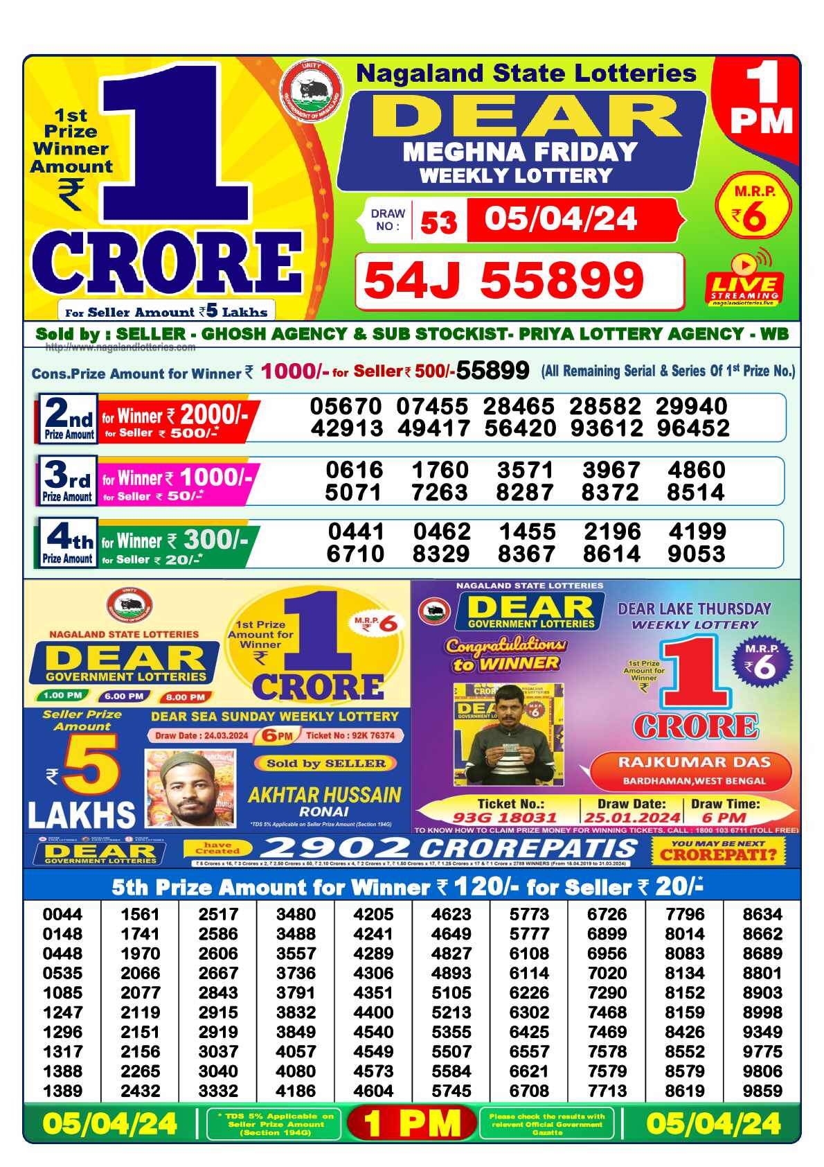 Lottery Sambad 05.04.24 Dear Lottery 1 PM April 05, 2024