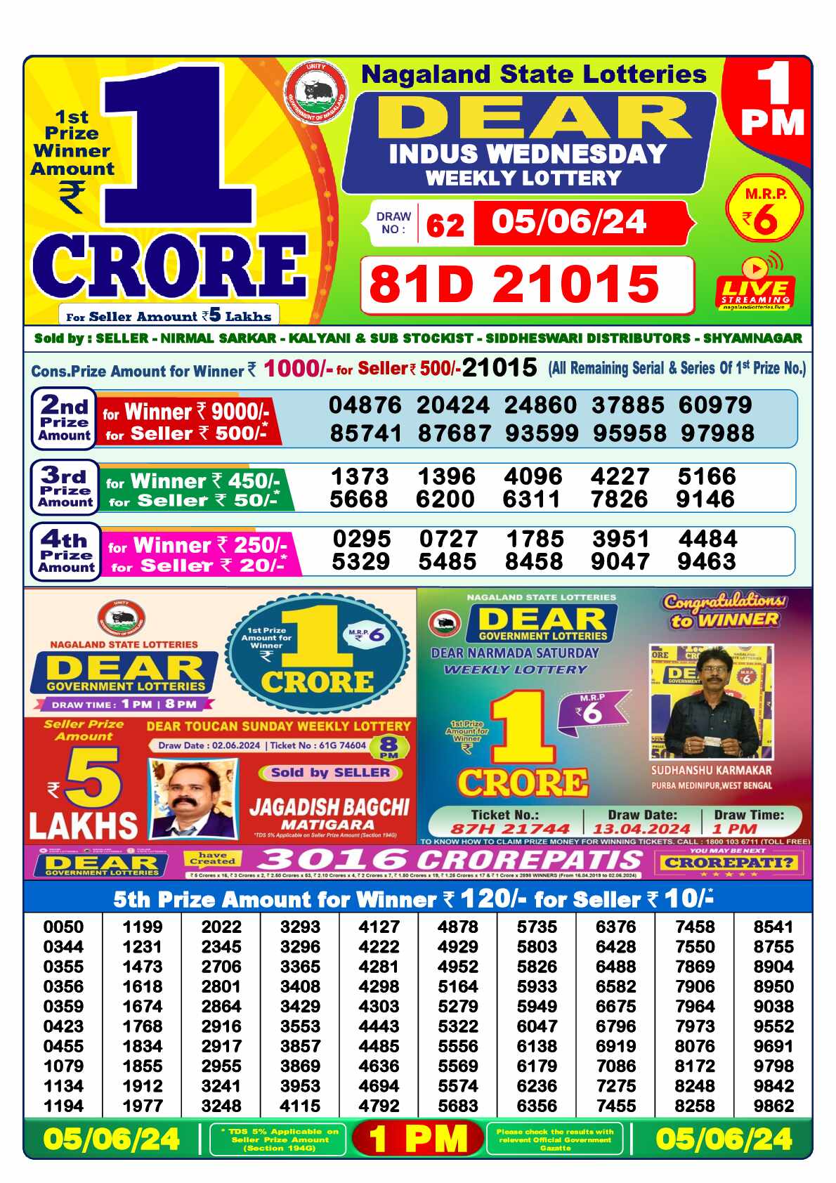 Lottery Sambad 05.06.24 Dear Lottery 1 PM June 05, 2024