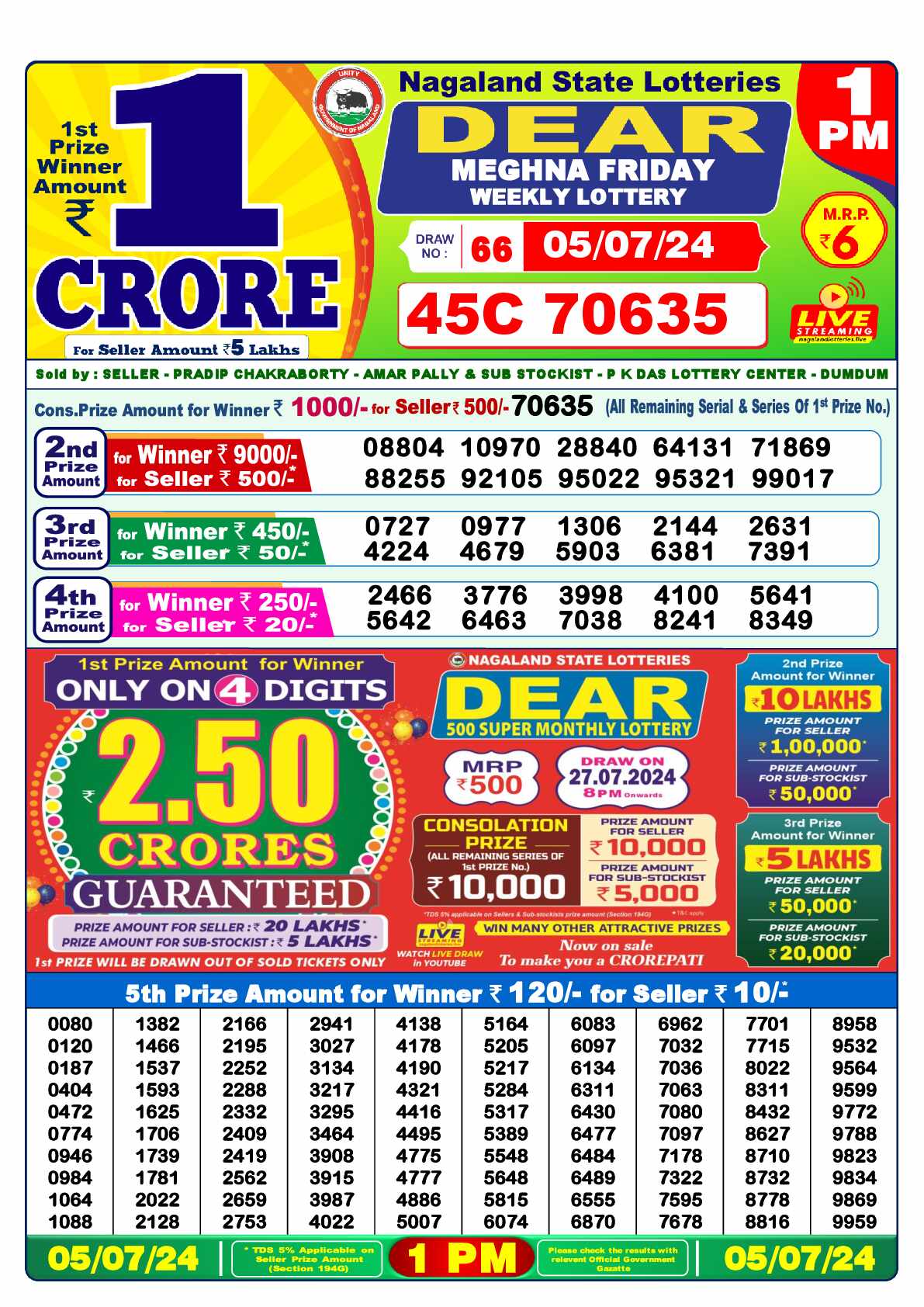 Lottery Sambad 05.07.24 Dear Lottery 1 PM July 05, 2024