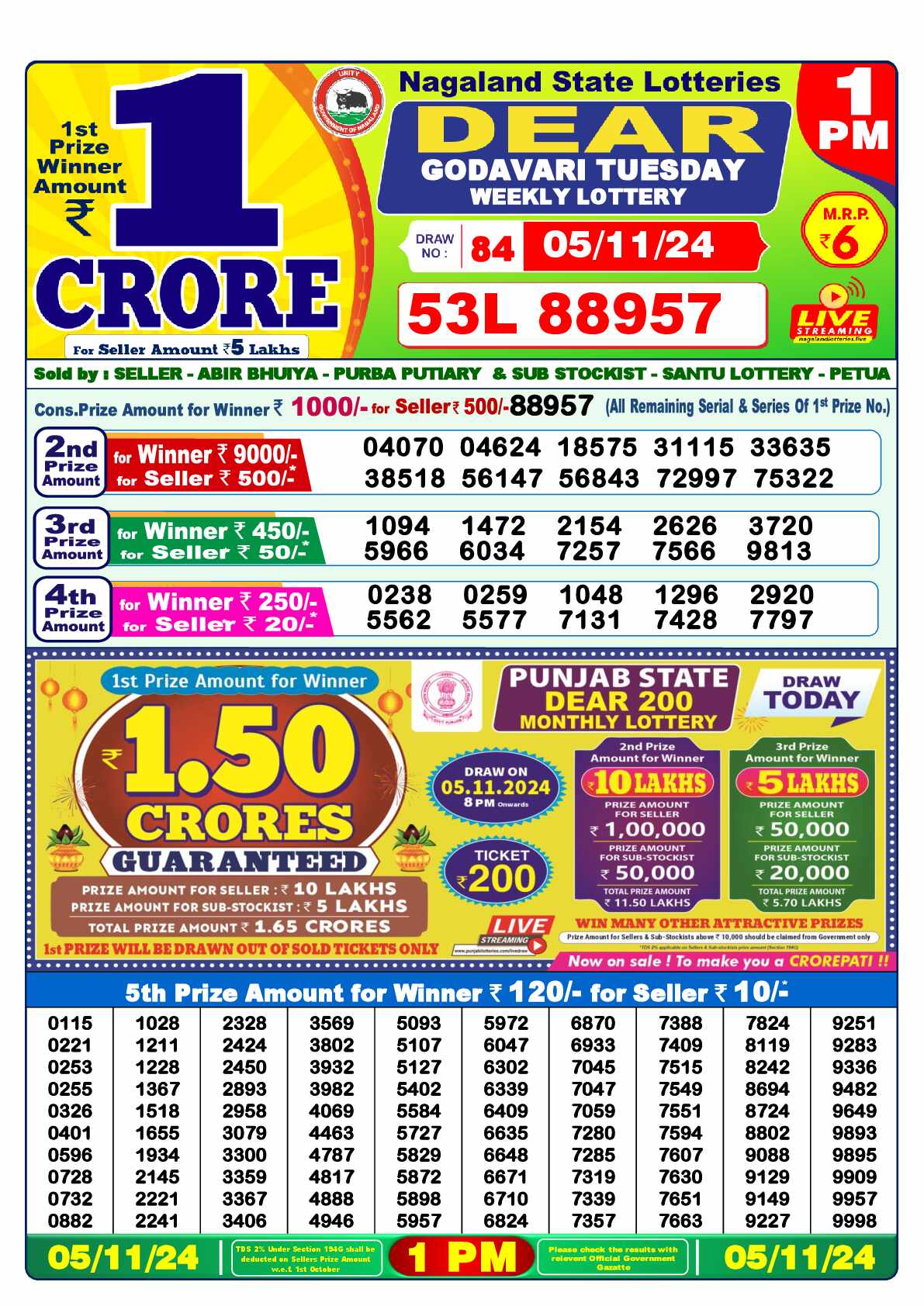 Lottery Sambad 05.11.24 Dear Lottery 1 PM November 05, 2024