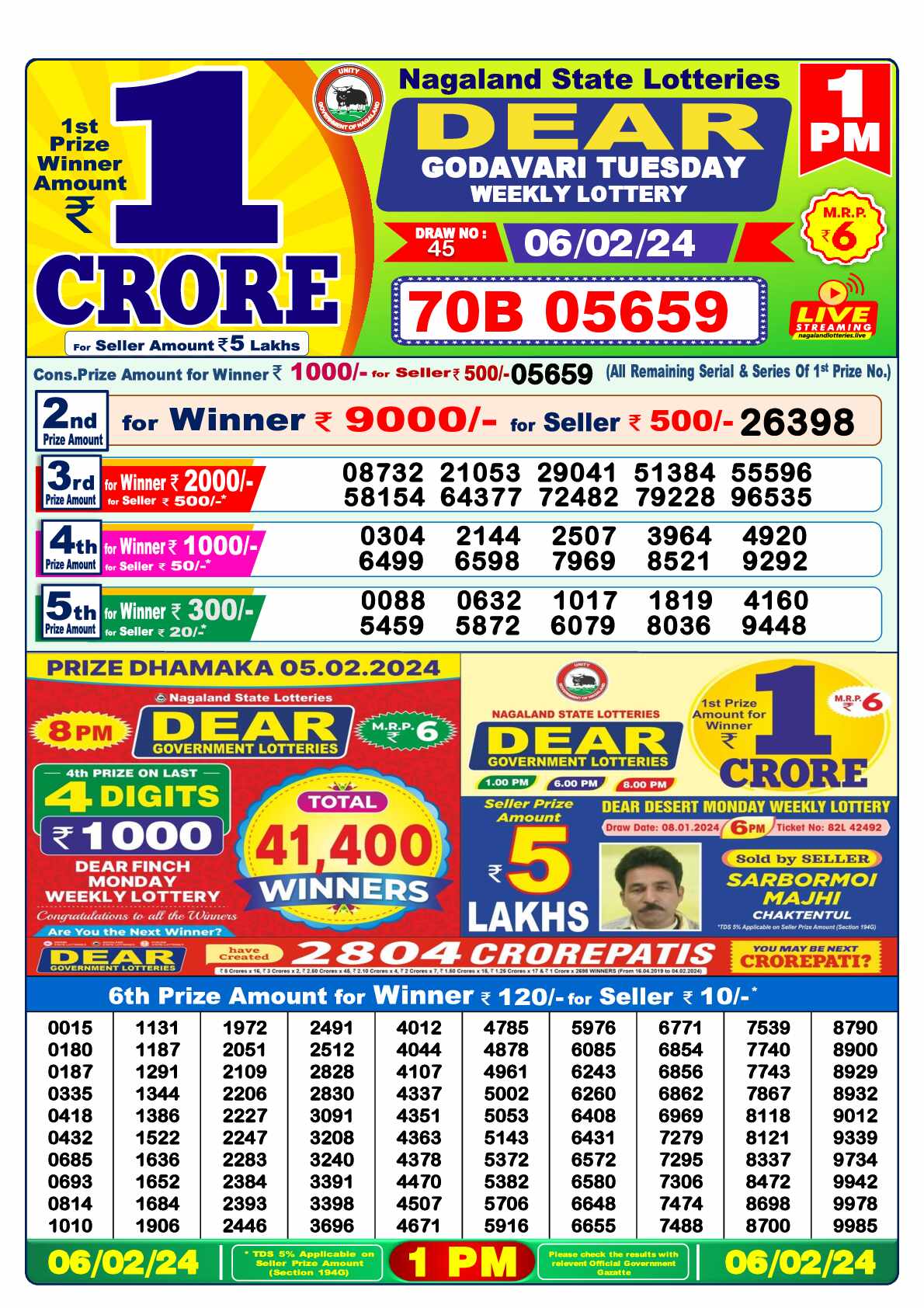 Lottery Sambad 06.02.24 Dear Lottery 1 PM February 06, 2024