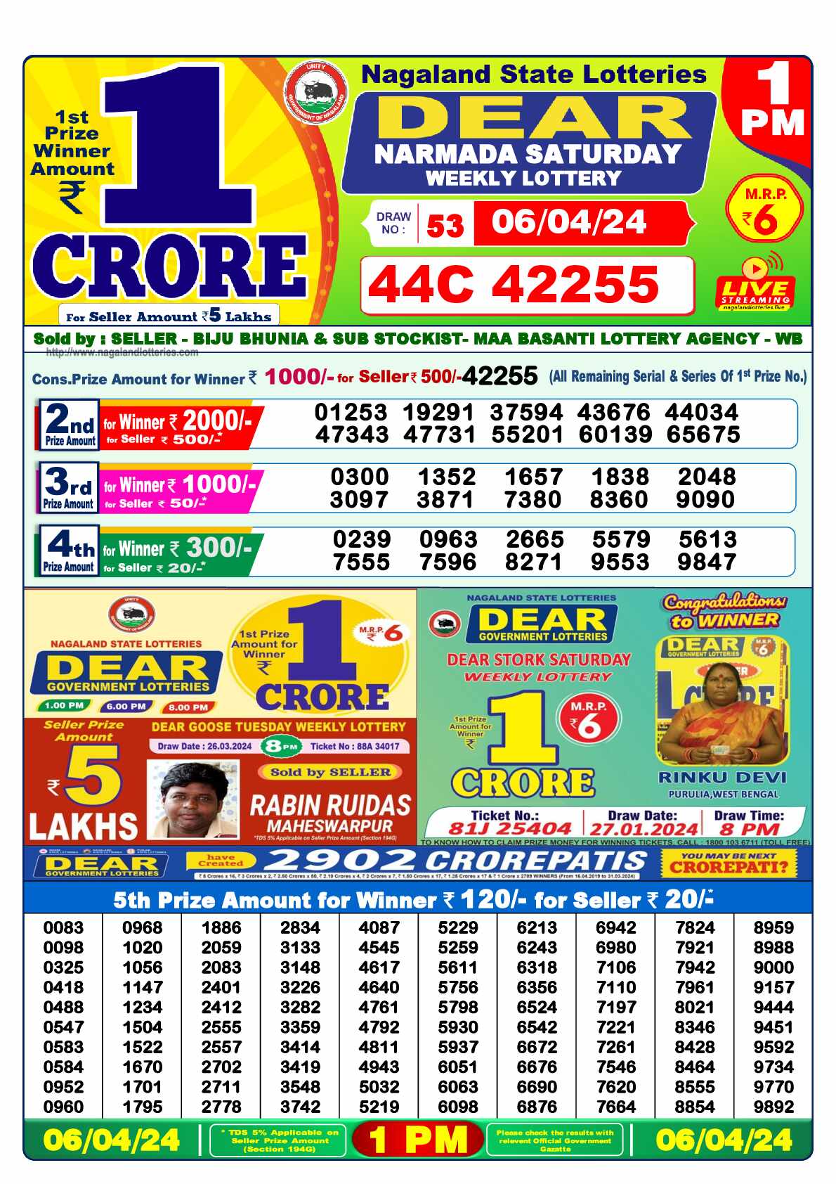 Lottery Sambad 06.04.24 Dear Lottery 1 PM April 06, 2024