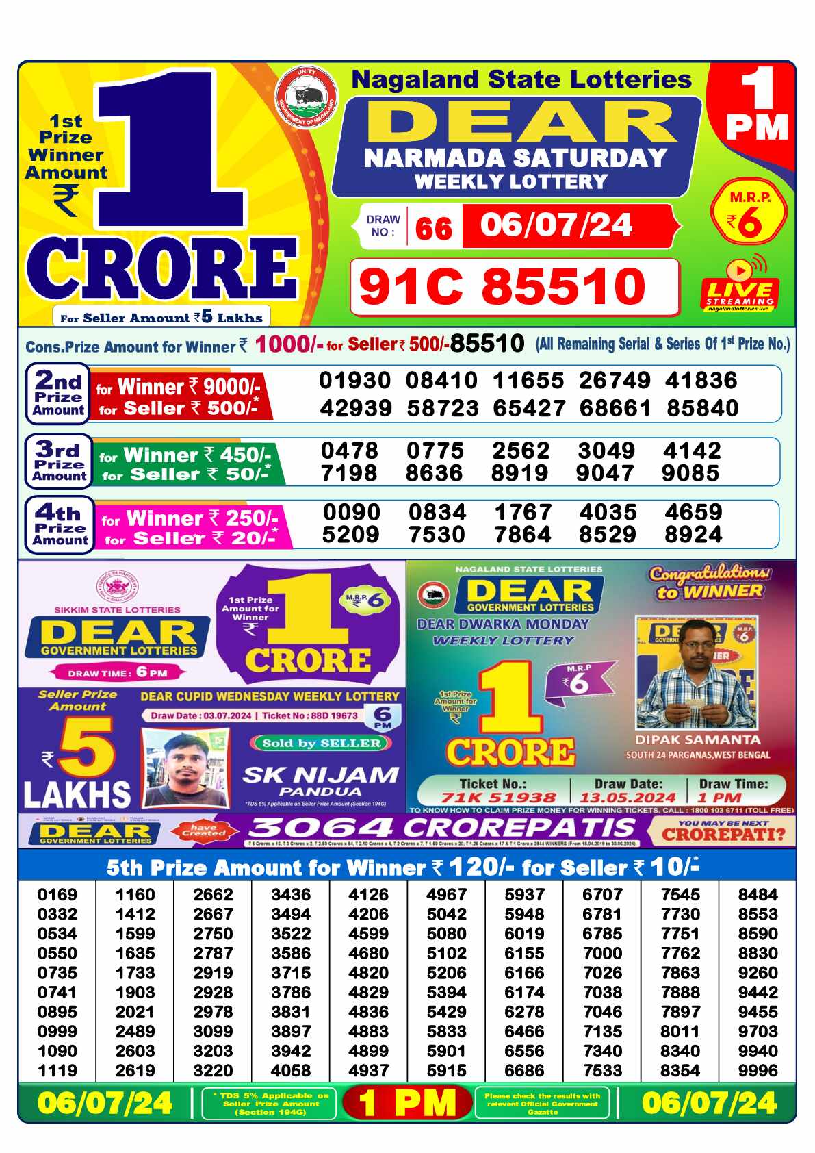 Lottery Sambad 06.07.24 Dear Lottery 1 PM July 06, 2024