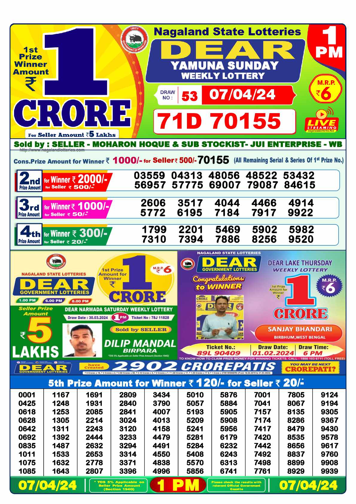 Lottery Sambad 07.04.24 Dear Lottery 1 PM April 07, 2024