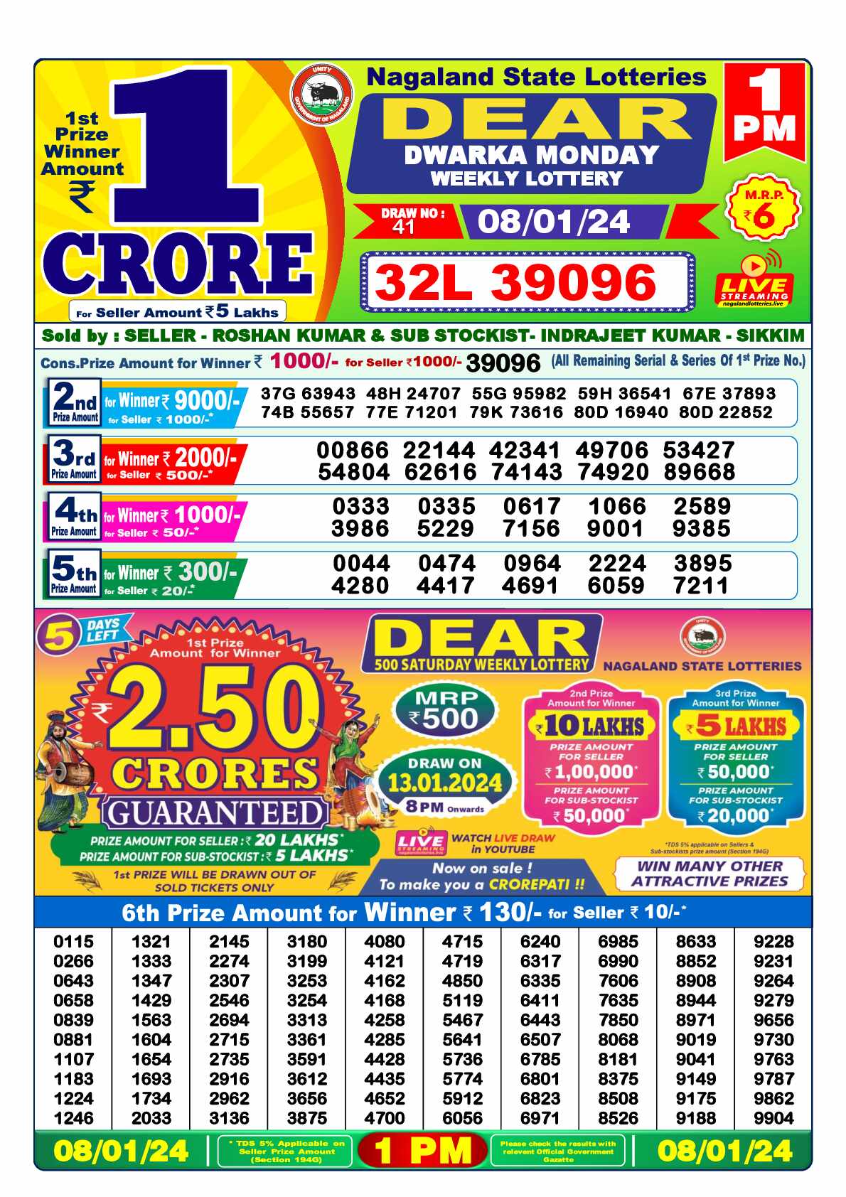 Lottery Sambad 08.01.24 Dear Lottery 1 PM January 08, 2024