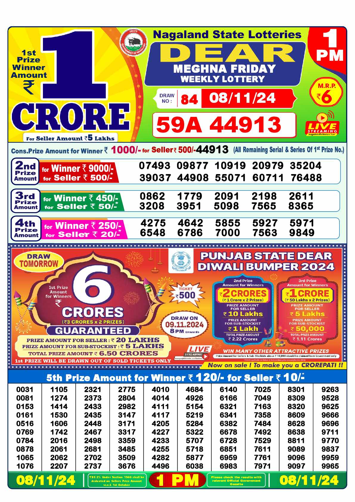 Lottery Sambad 08.11.24 Dear Lottery 1 PM November 08, 2024