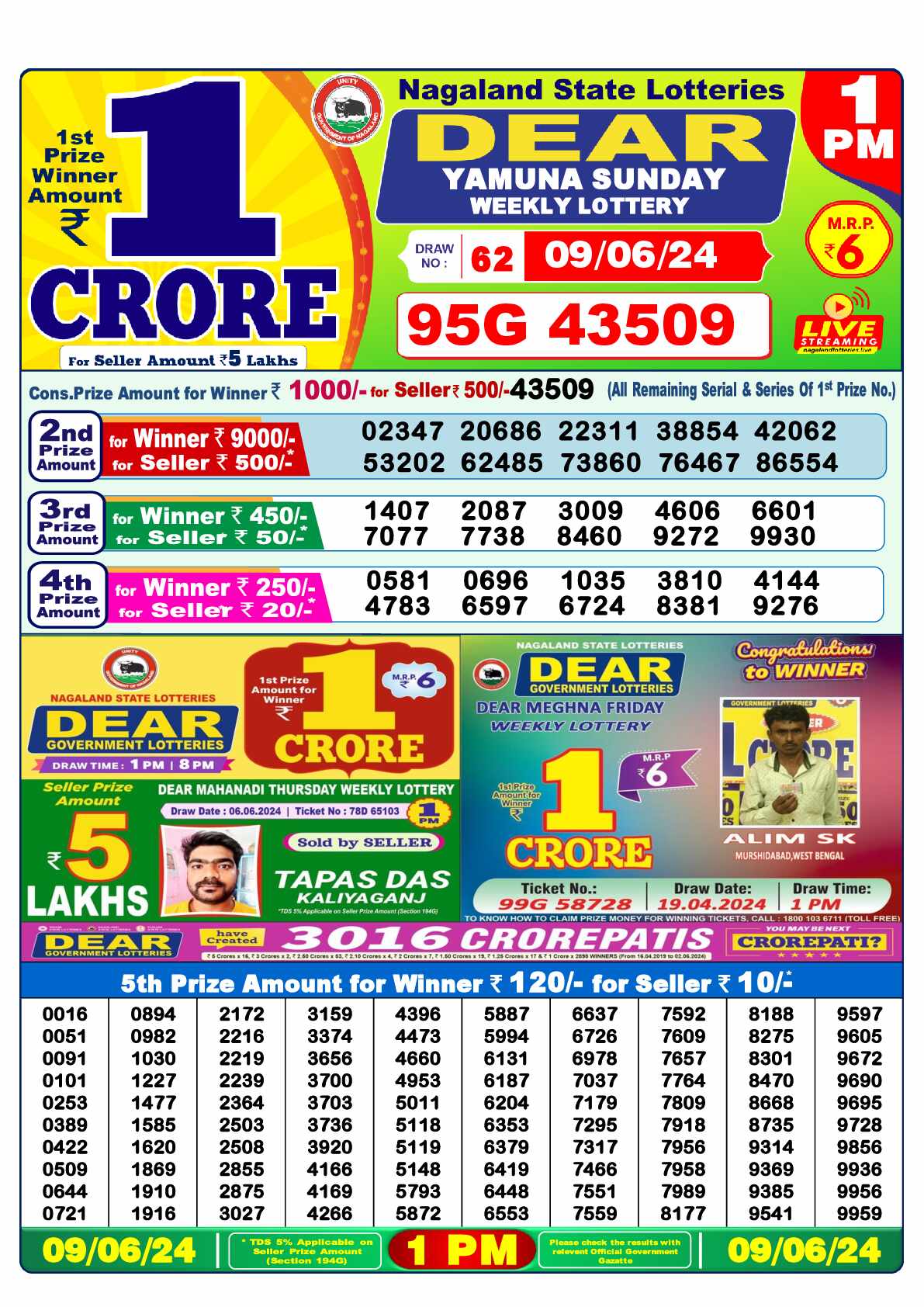 Lottery Sambad 09.06.24 Dear Lottery 1 PM June 09, 2024