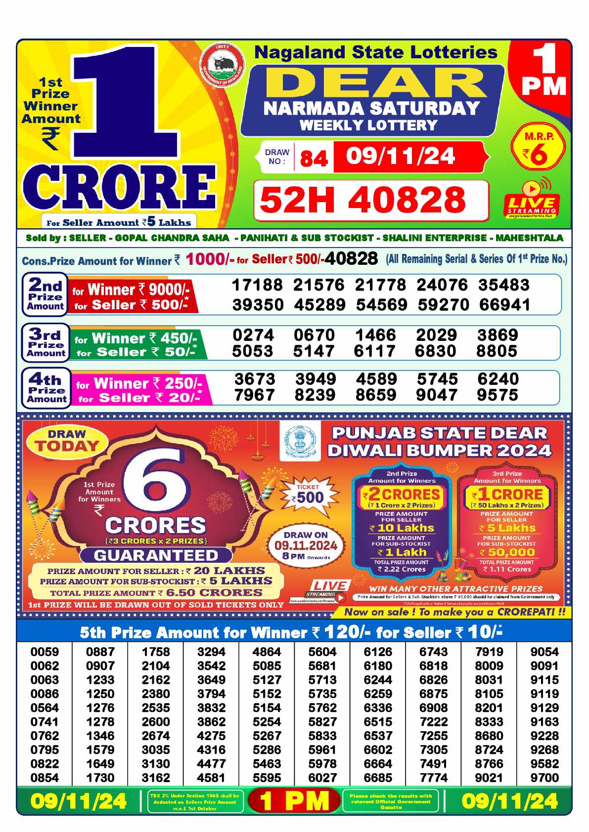 Lottery Sambad 09.11.24 Dear Lottery 1 PM November 09, 2024