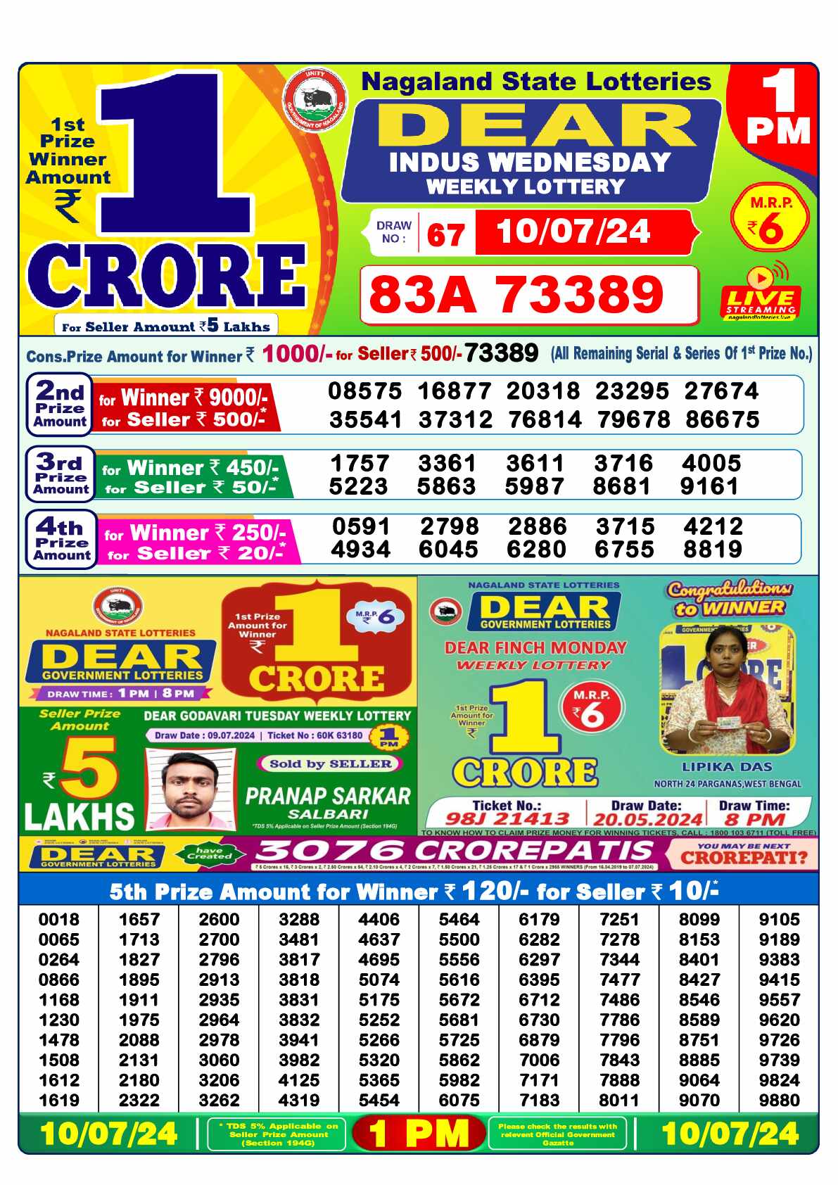 Lottery Sambad 10.07.24 Dear Lottery 1 PM July 10, 2024