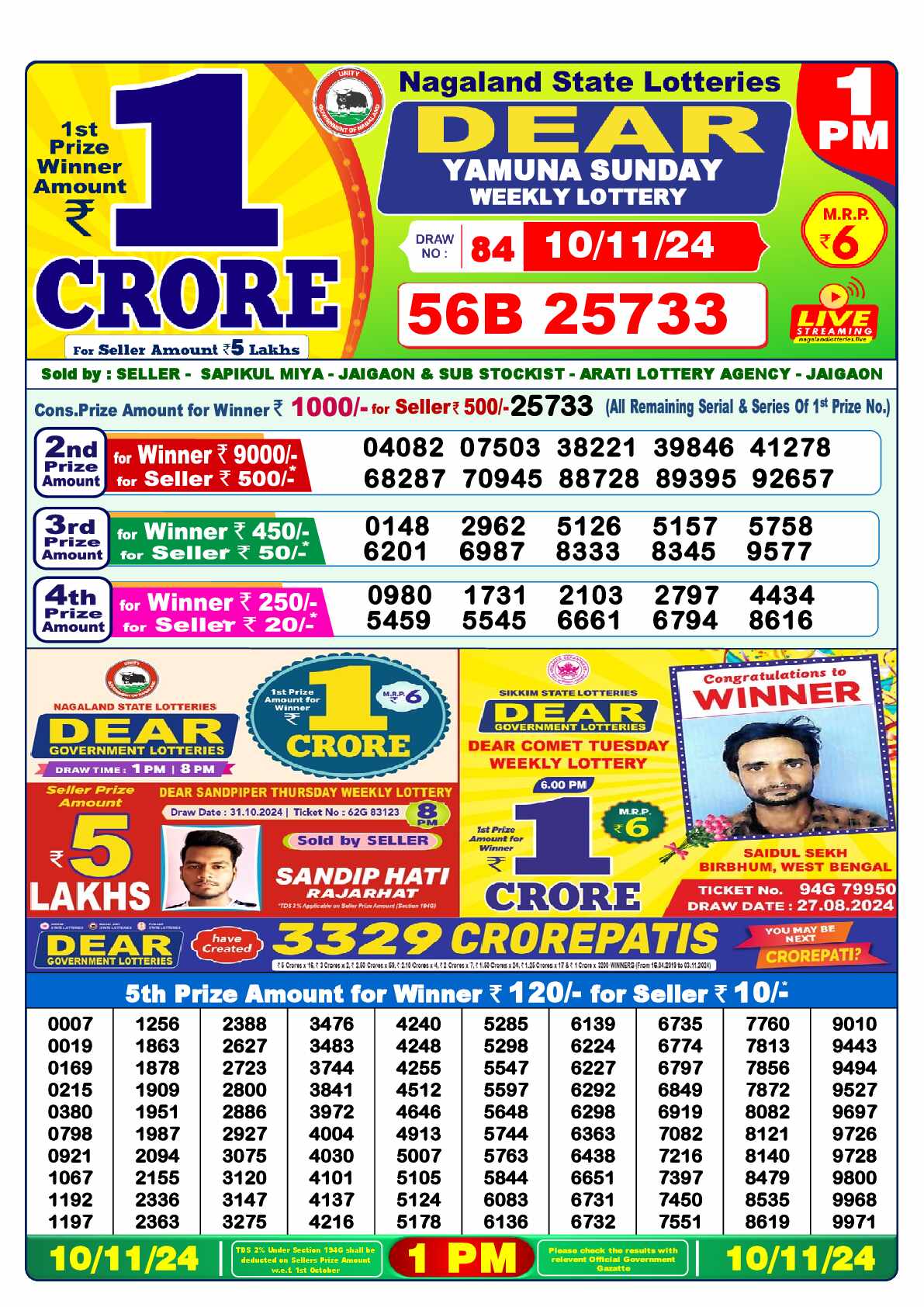 Lottery Sambad 10.11.24 Dear Lottery 1 PM November 10, 2024