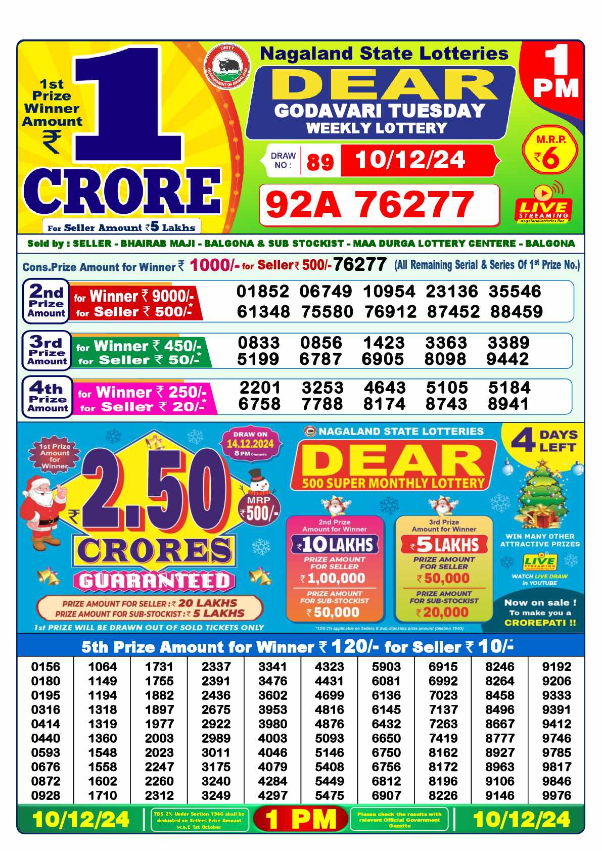 Lottery Sambad 10.12.24 Dear Lottery 1 PM December 10, 2024