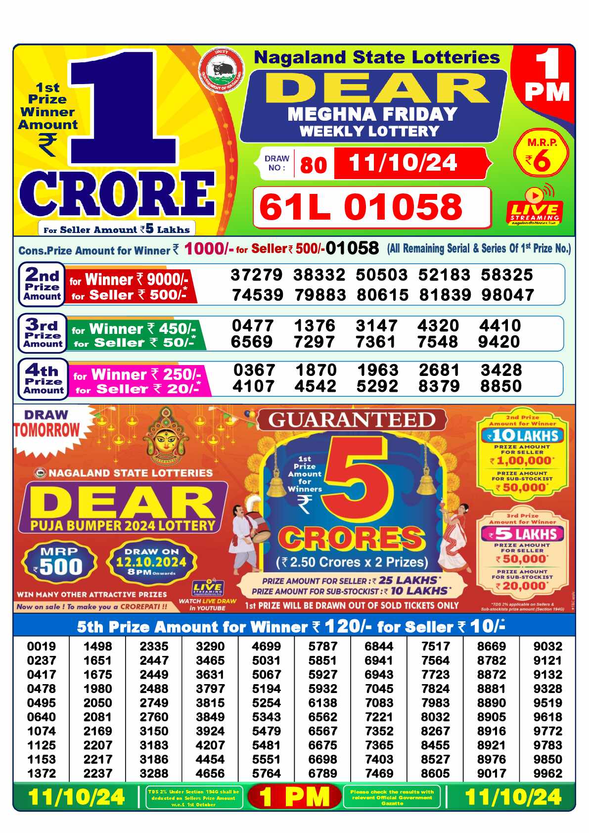 Lottery Sambad 11.10.24 Dear Lottery 1 PM October 11, 2024