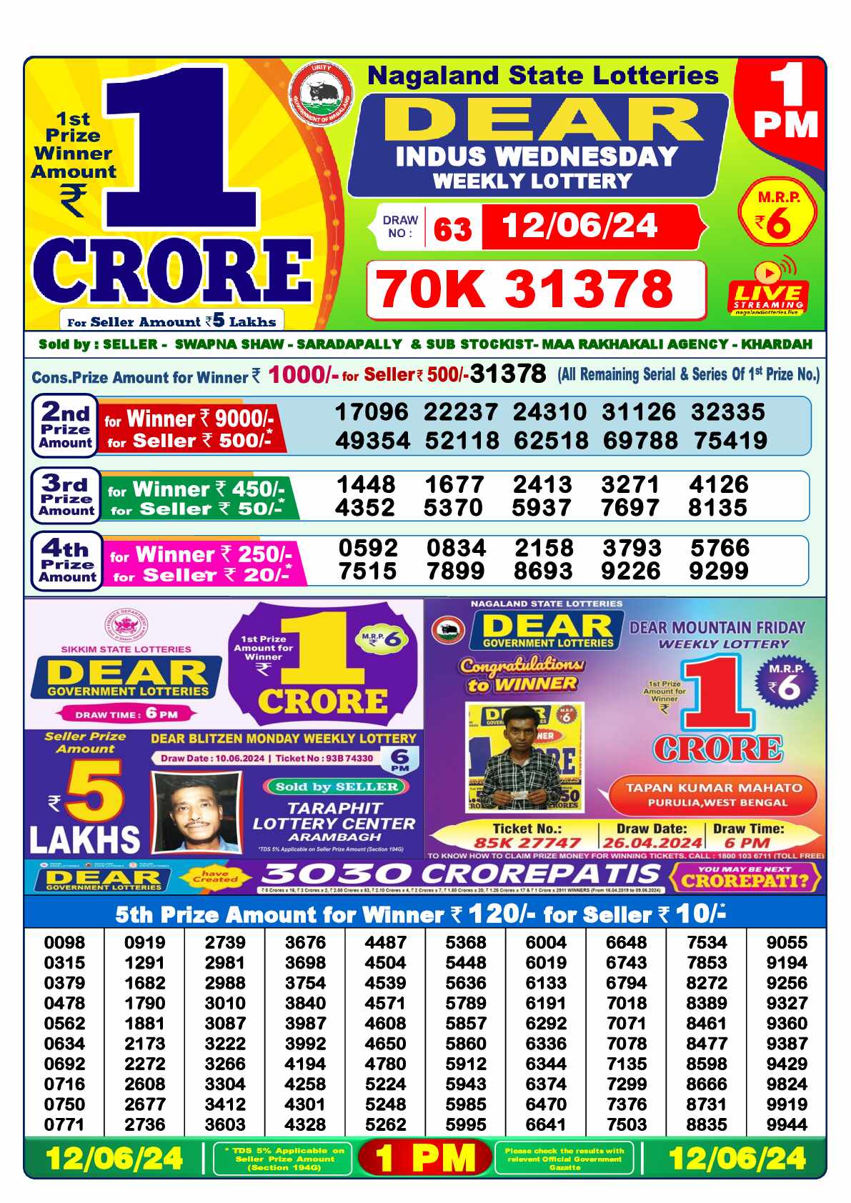 Lottery Sambad 12.06.24 Dear Lottery 1 PM June 12, 2024