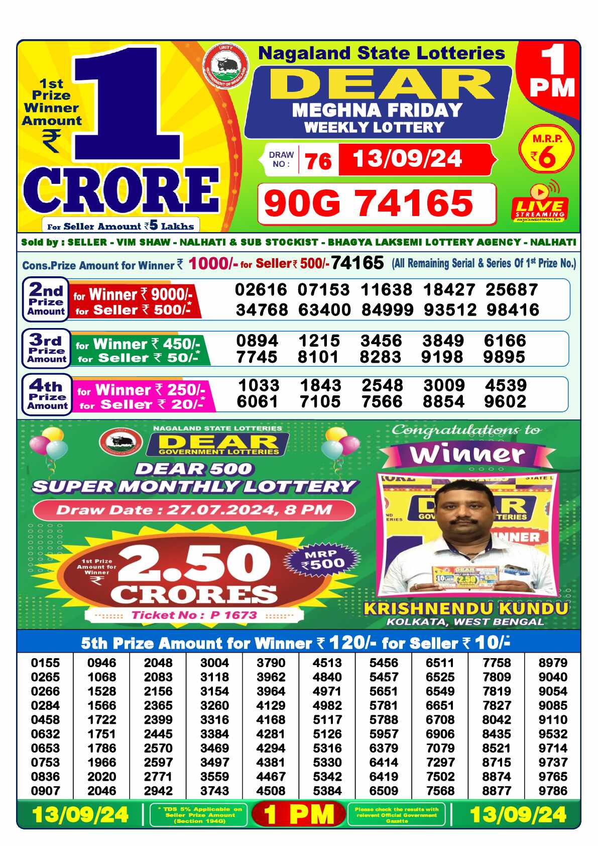 Lottery Sambad 13.09.24 Dear Lottery 1 PM September 13, 2024