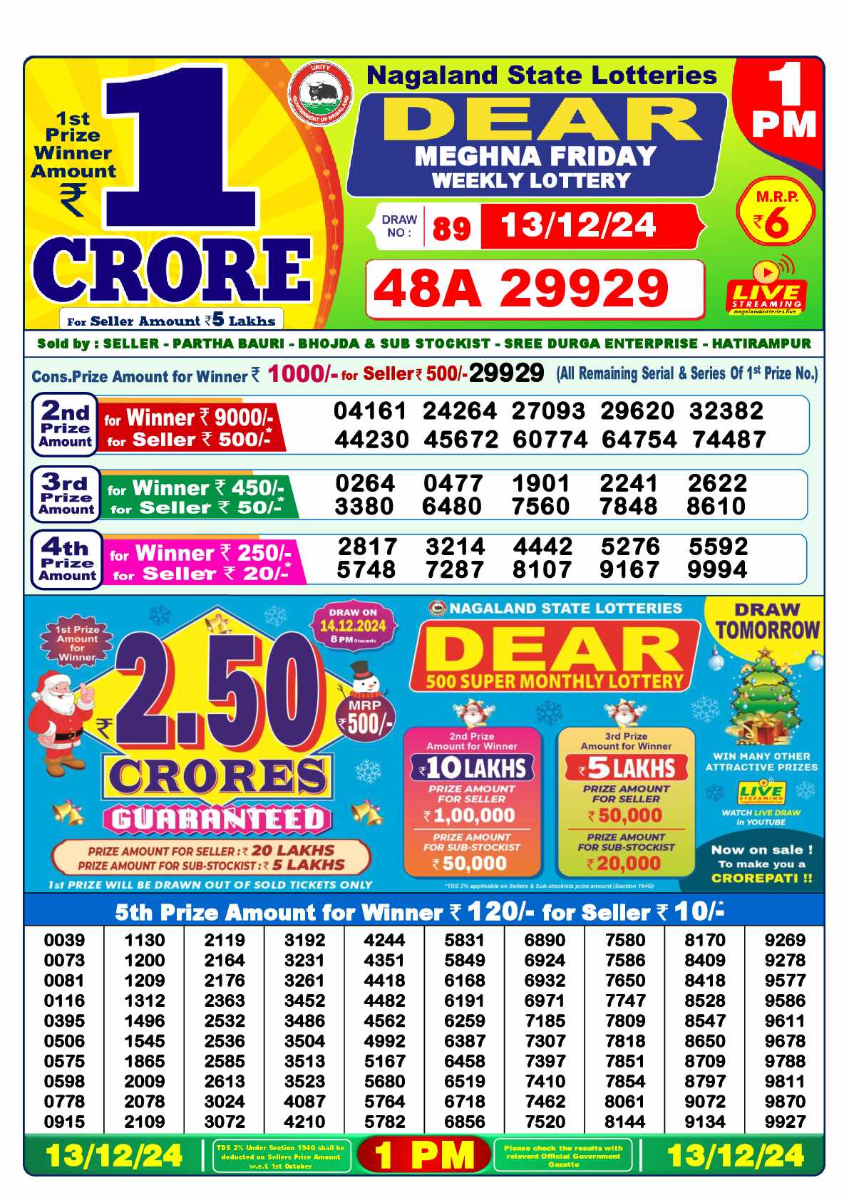 Lottery Sambad 13.12.24 Dear Lottery 1 PM December 13, 2024