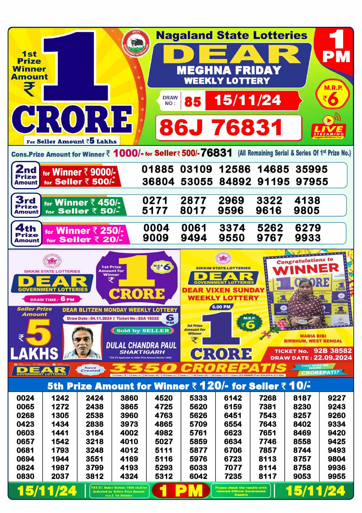 Lottery Sambad 15.11.24 Dear Lottery 1 PM November 15, 2024