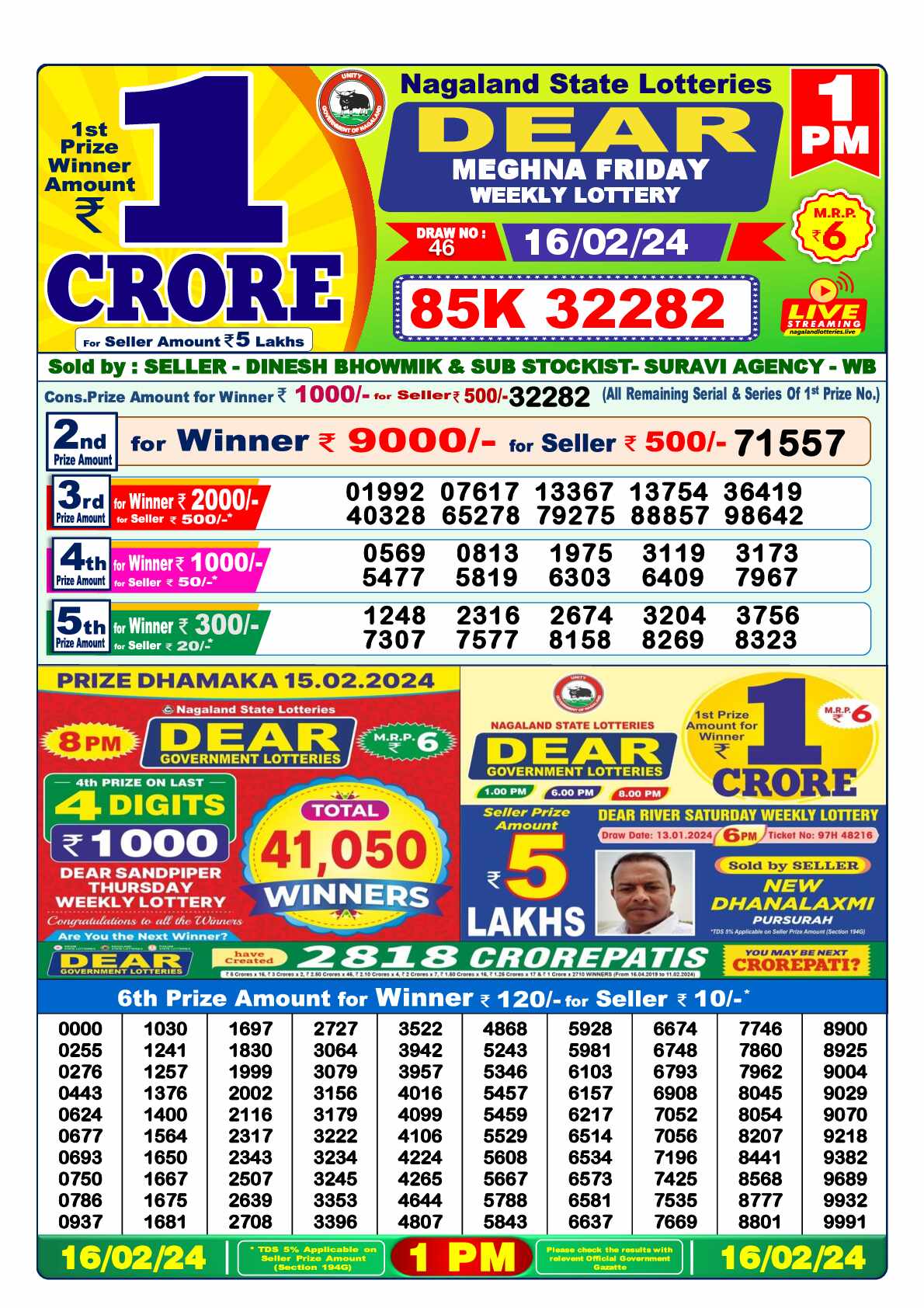 Lottery Sambad 16.02.24 Dear Lottery 1 PM February 16, 2024