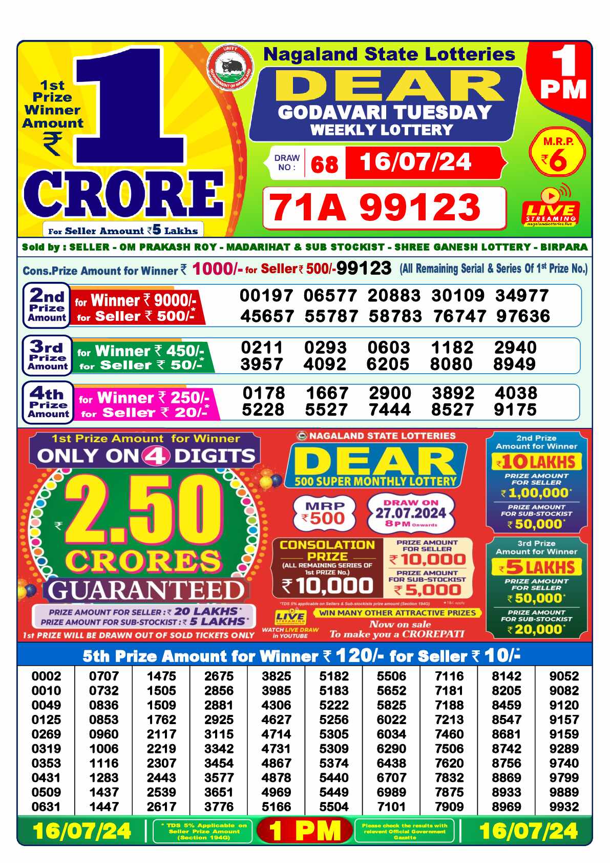 Lottery Sambad 16.07.24 Dear Lottery 1 PM July 16, 2024