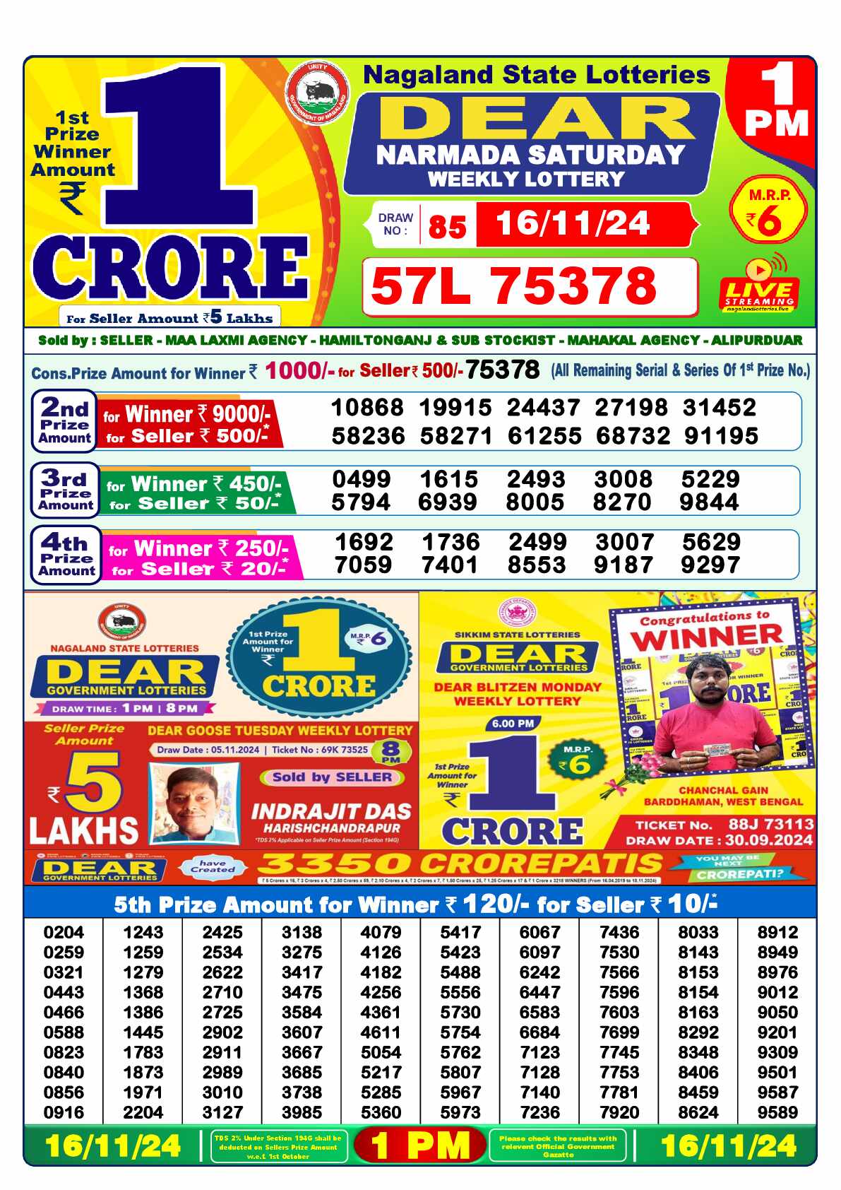 Lottery Sambad 16.11.24 Dear Lottery 1 PM November 16, 2024