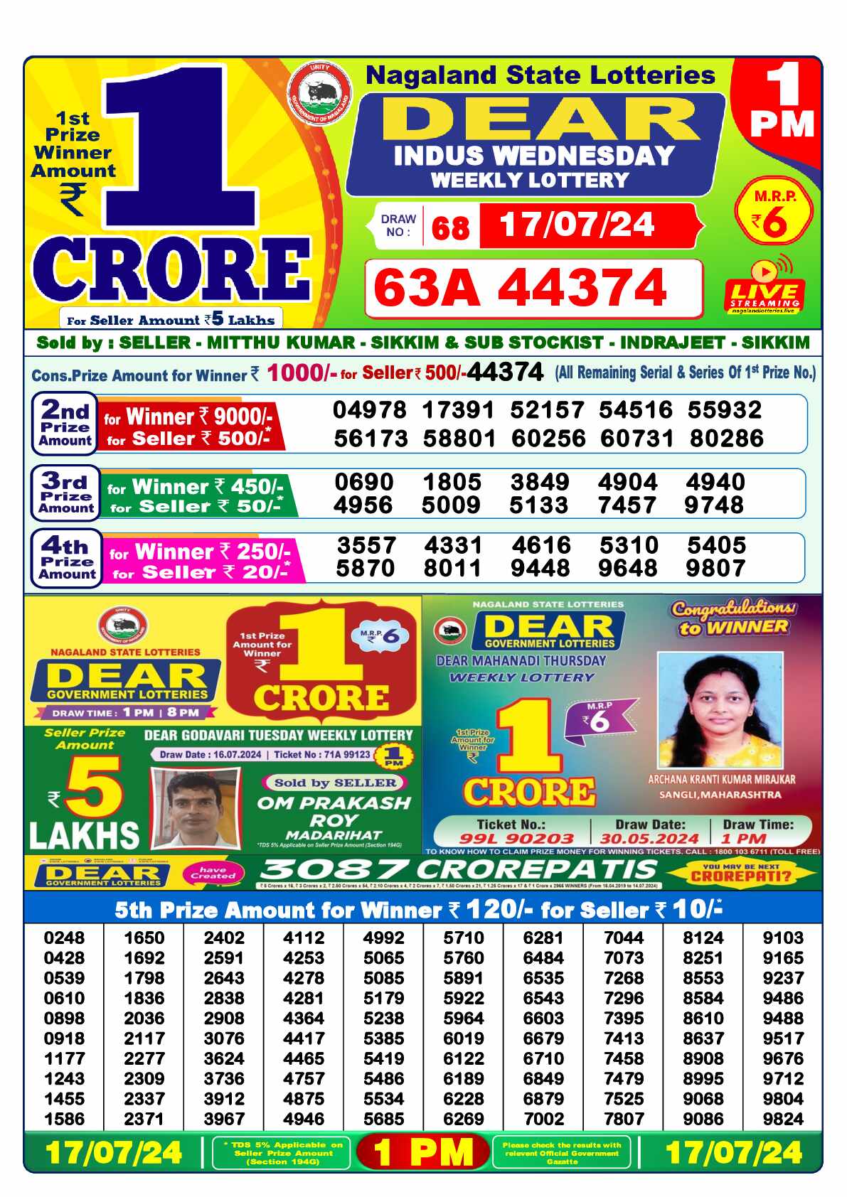 Lottery Sambad 17.07.24 Dear Lottery 1 PM July 17, 2024