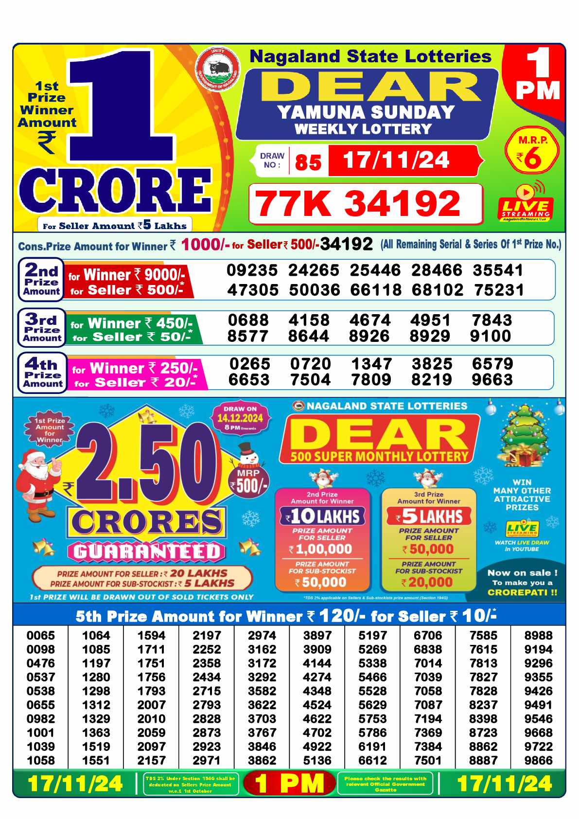 Lottery Sambad 17.11.24 Dear Lottery 1 PM November 17, 2024