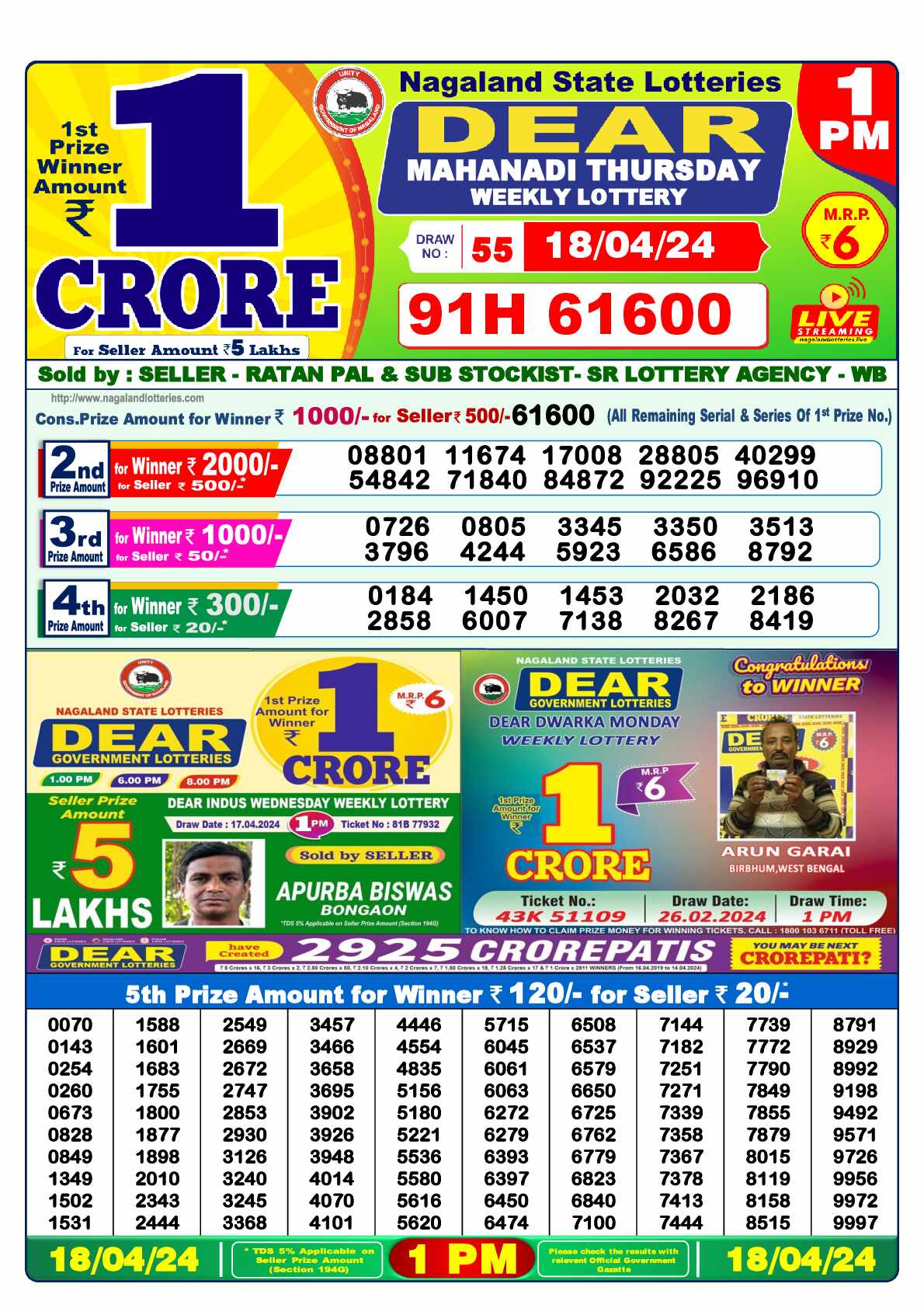 Lottery Sambad 18.04.24 Dear Lottery 1 PM April 18, 2024