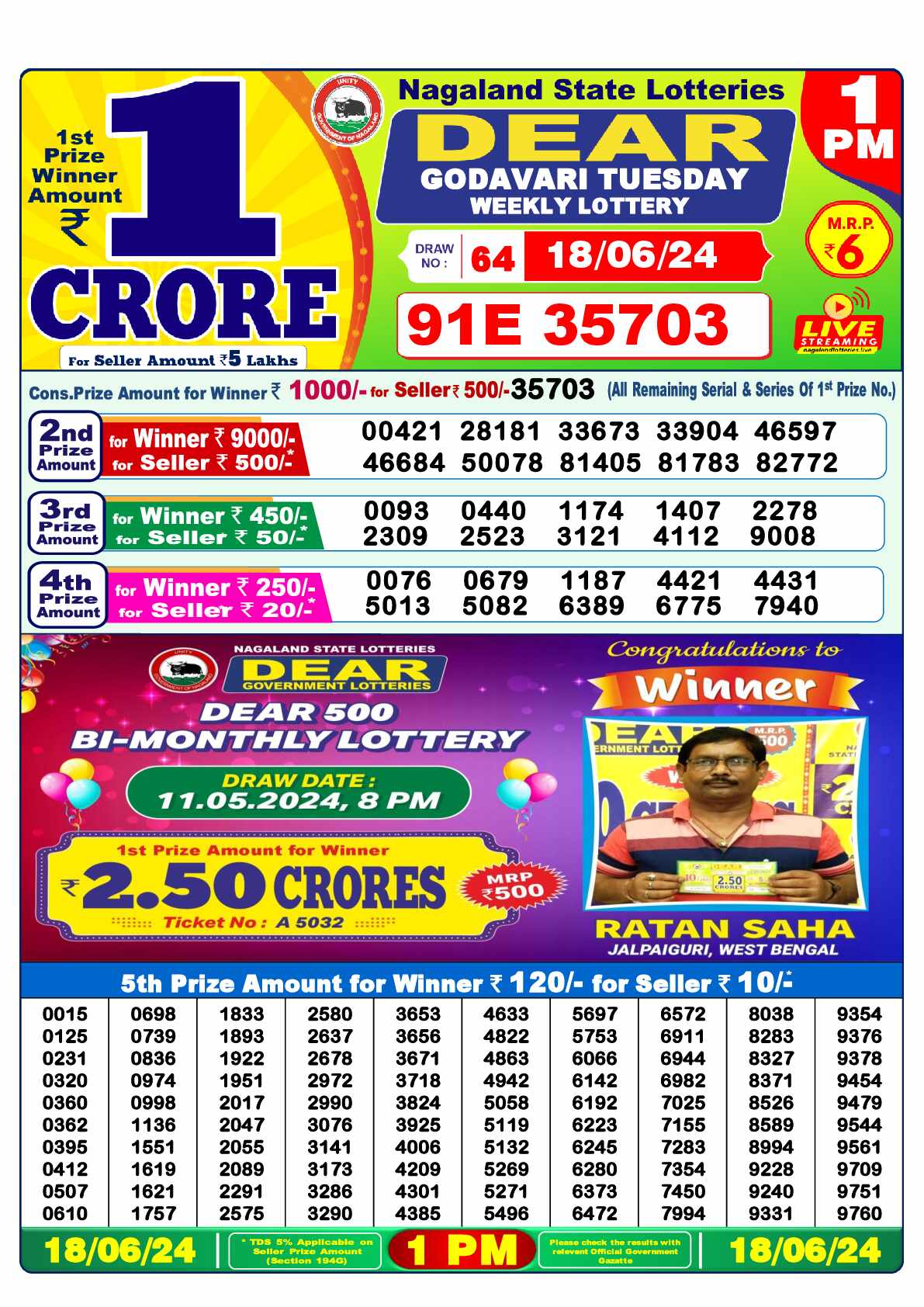 Lottery Sambad 18.06.24 Dear Lottery 1 PM June 18, 2024