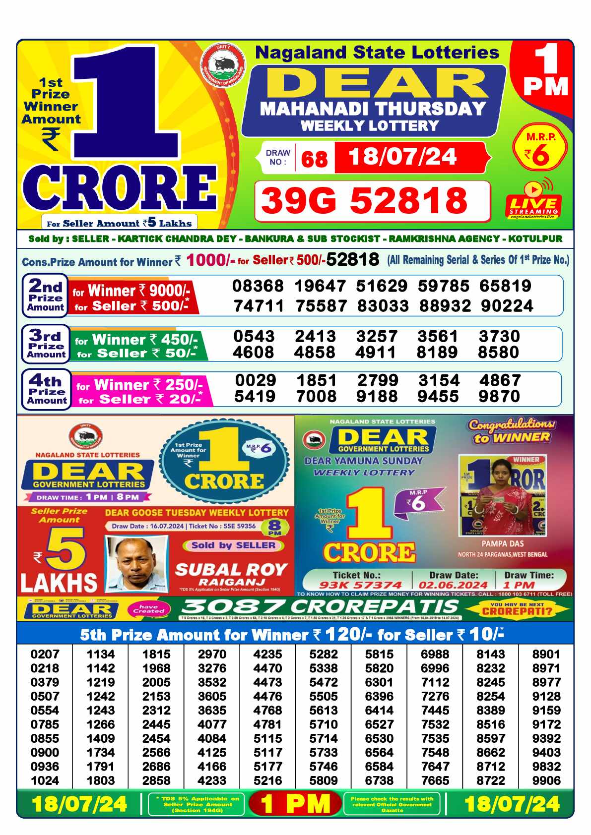 Lottery Sambad 18.07.24 Dear Lottery 1 PM July 18, 2024