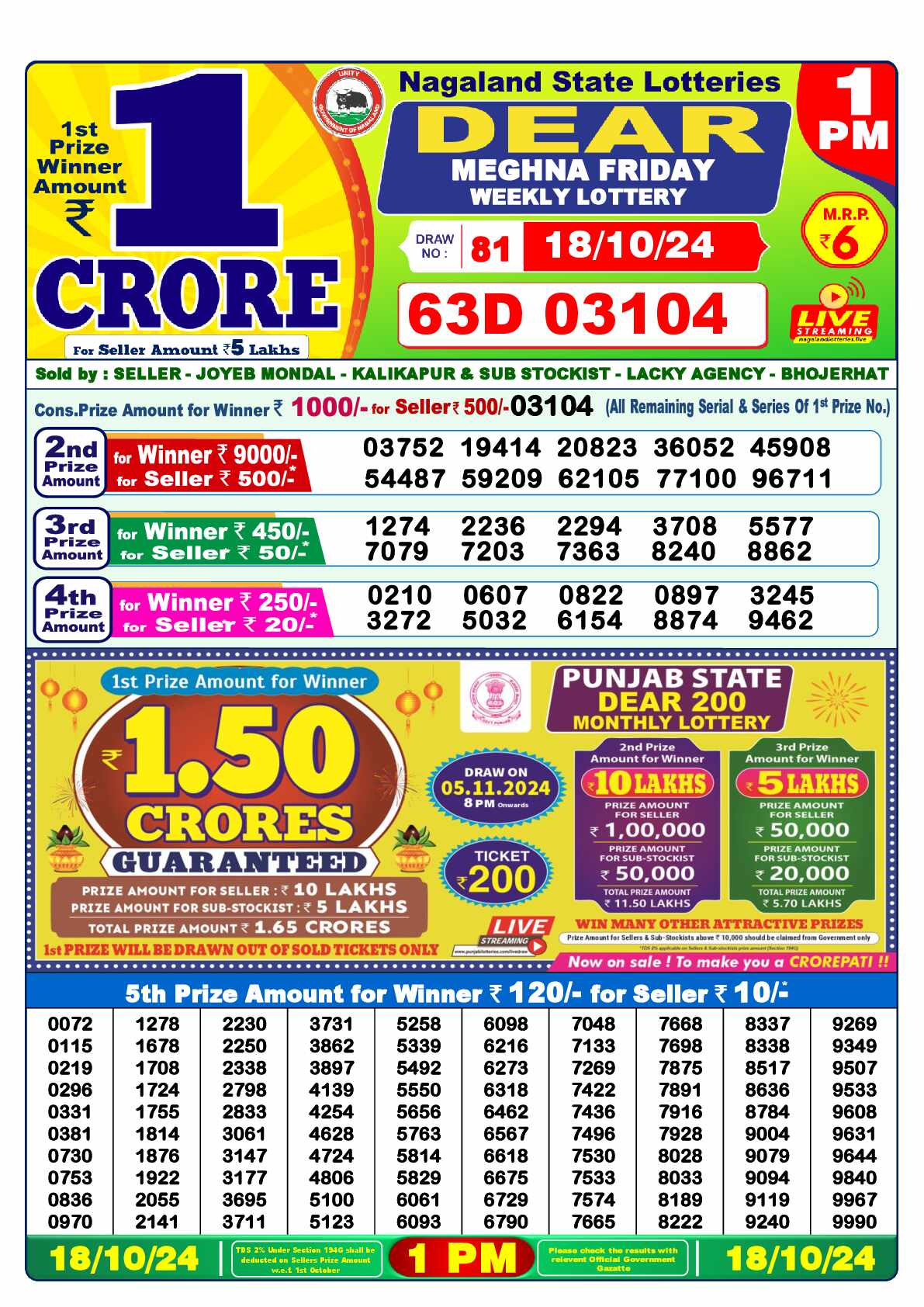 Lottery Sambad 18.10.24 Dear Lottery 1 PM October 18, 2024