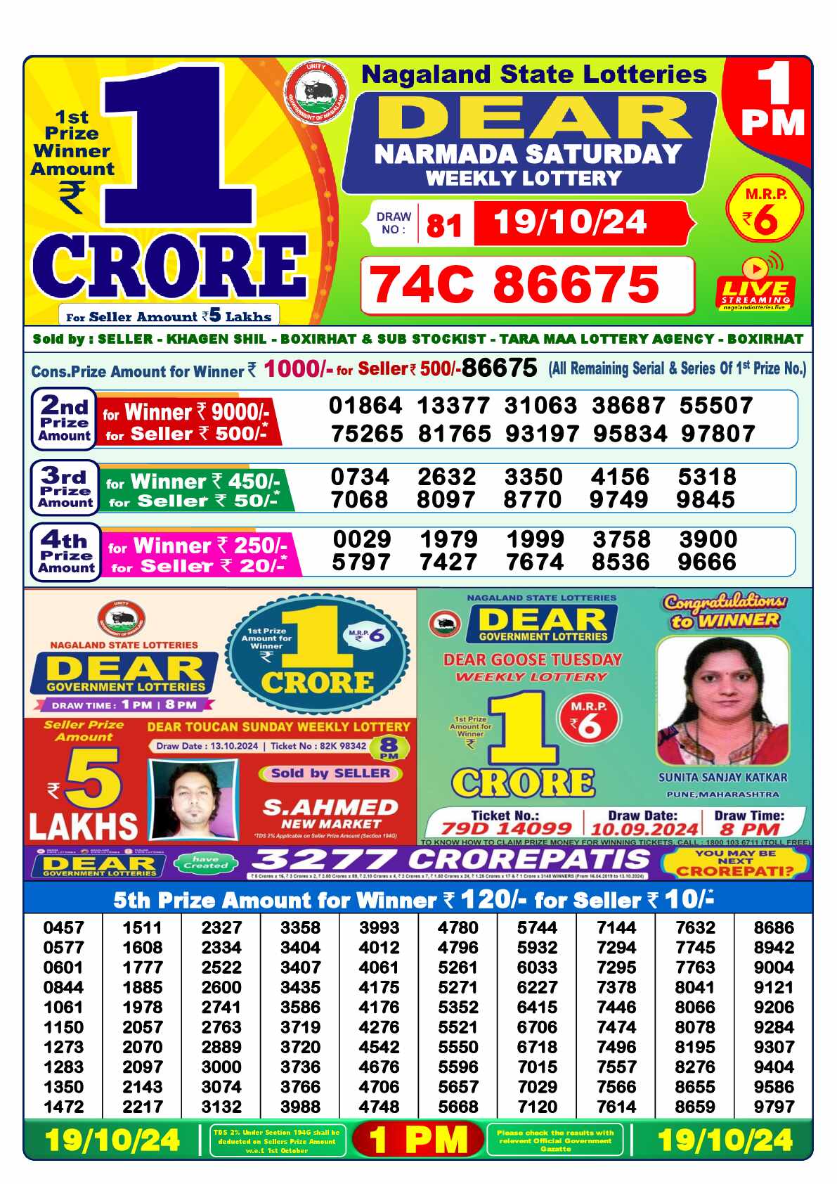 Lottery Sambad 19.10.24 Dear Lottery 1 PM October 19, 2024